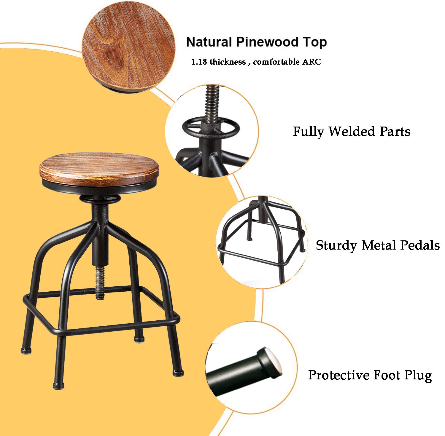 Topower Farmhouse Kitchen Stool Set of 2 - Adjustable Height Industrial Counter Stool with Swivel Base, Black Wooden Seat for Bar, Kitchen Island & Dining Room Decor
