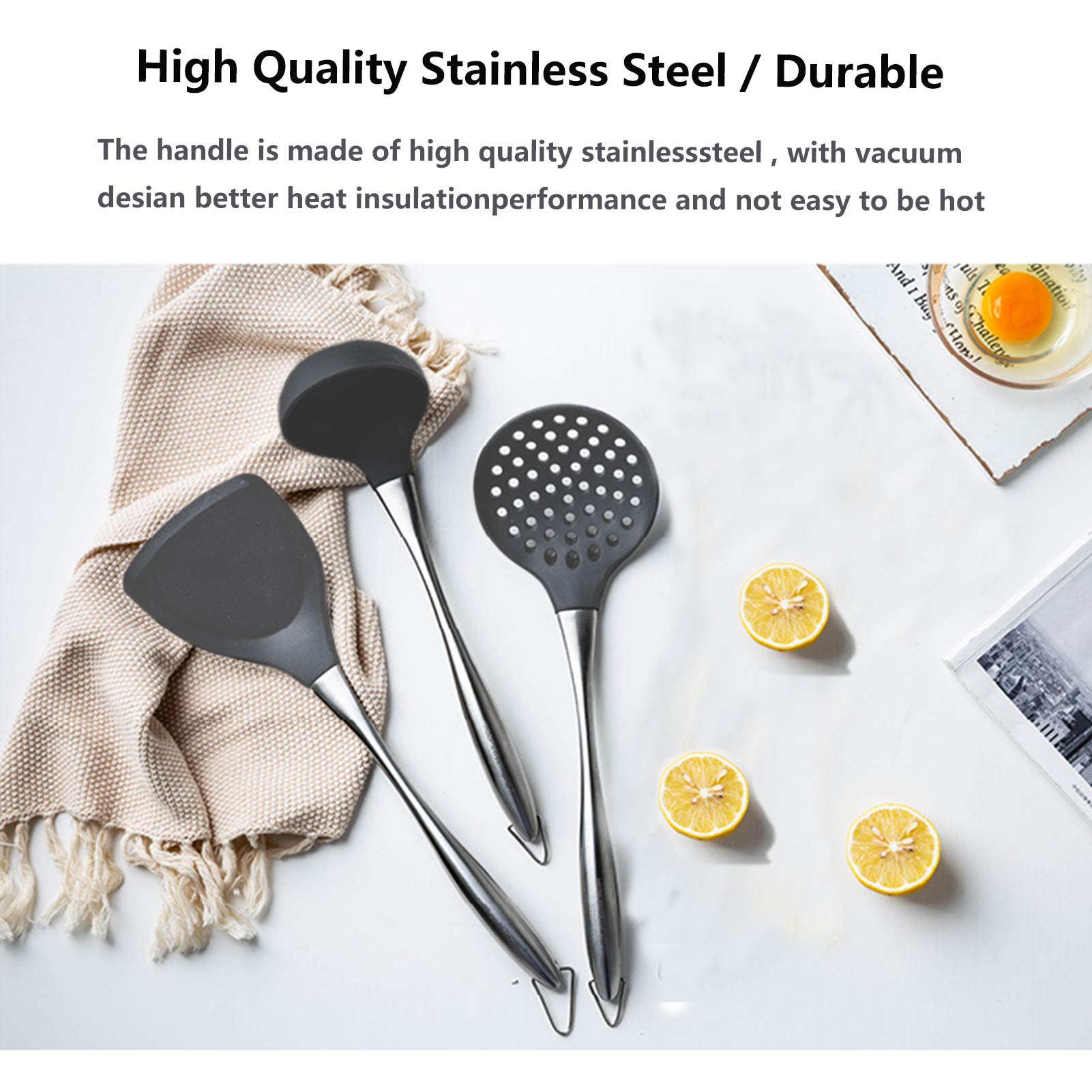Premium 3-Piece Silicone Kitchen Utensil Set - Heat-Resistant Stainless Steel Handle with Flexible Silicone Head (Wok Spatula, Ladle, Slotted Spoon) - Grey - Perfect for Non-Stick Cookware, Stir-Frying, Serving Soups & Pasta
