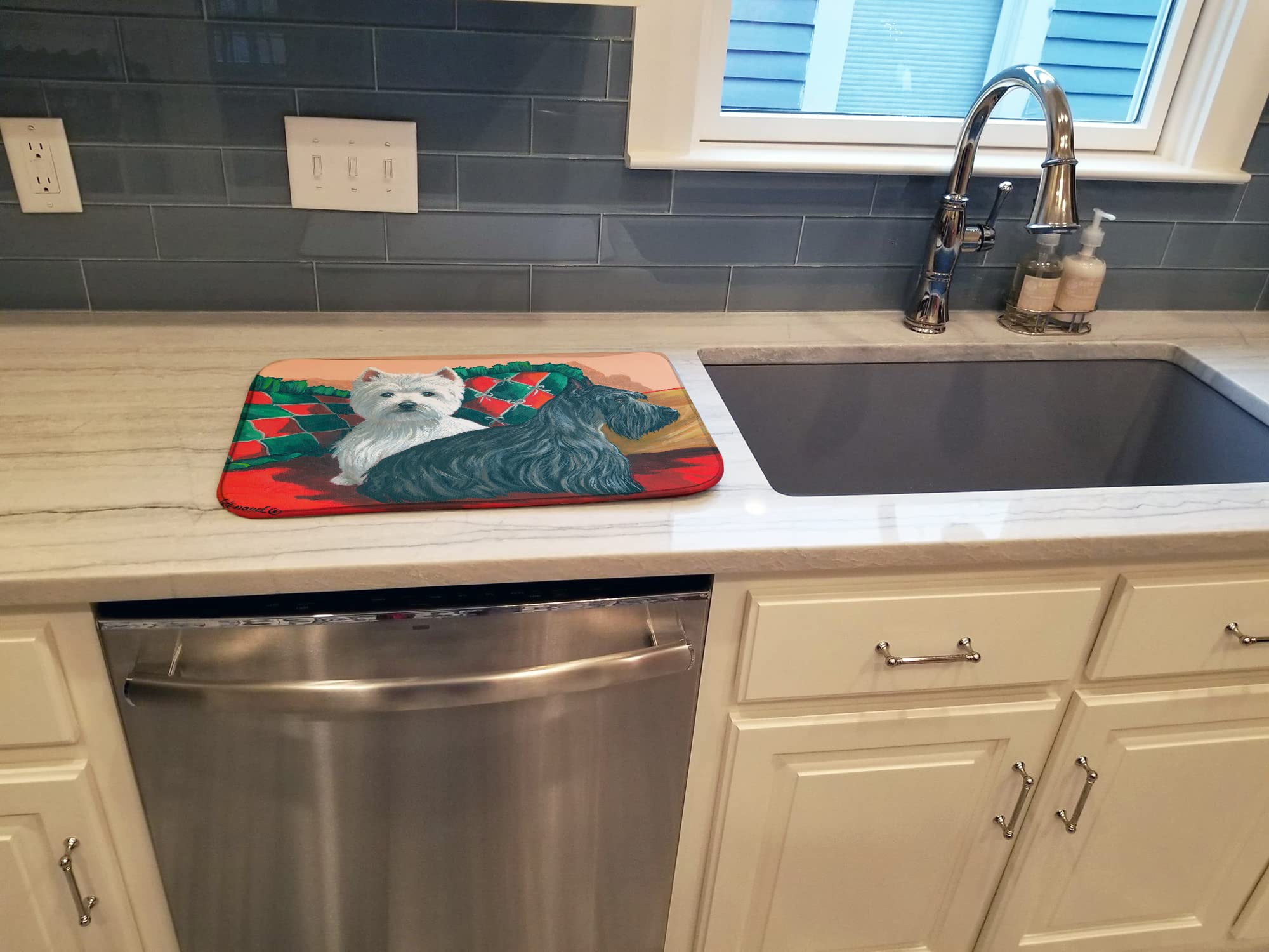 Westie & Scottie Dish Drying Mat - Absorbent Kitchen Counter Mat (14x21