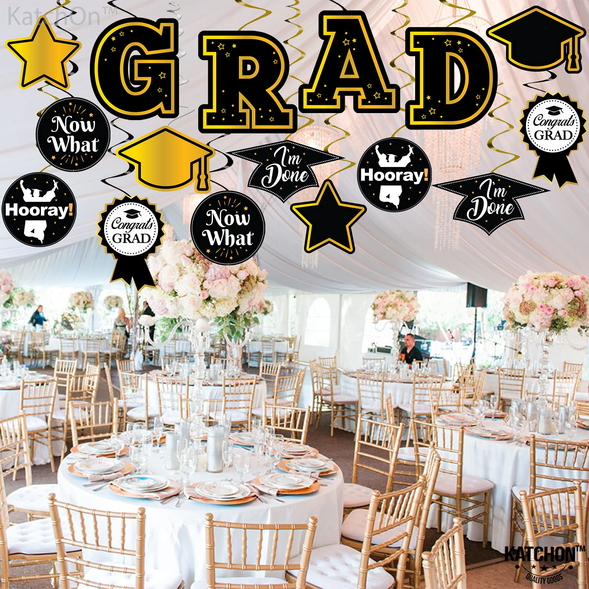 KatchOn Graduation Hanging Swirl Decorations - 35 Pack Black & Gold Party Decor for 2025 Graduation Ceremony | No DIY Required | Perfect for Graduation Parties, School Events & Photo Backdrops