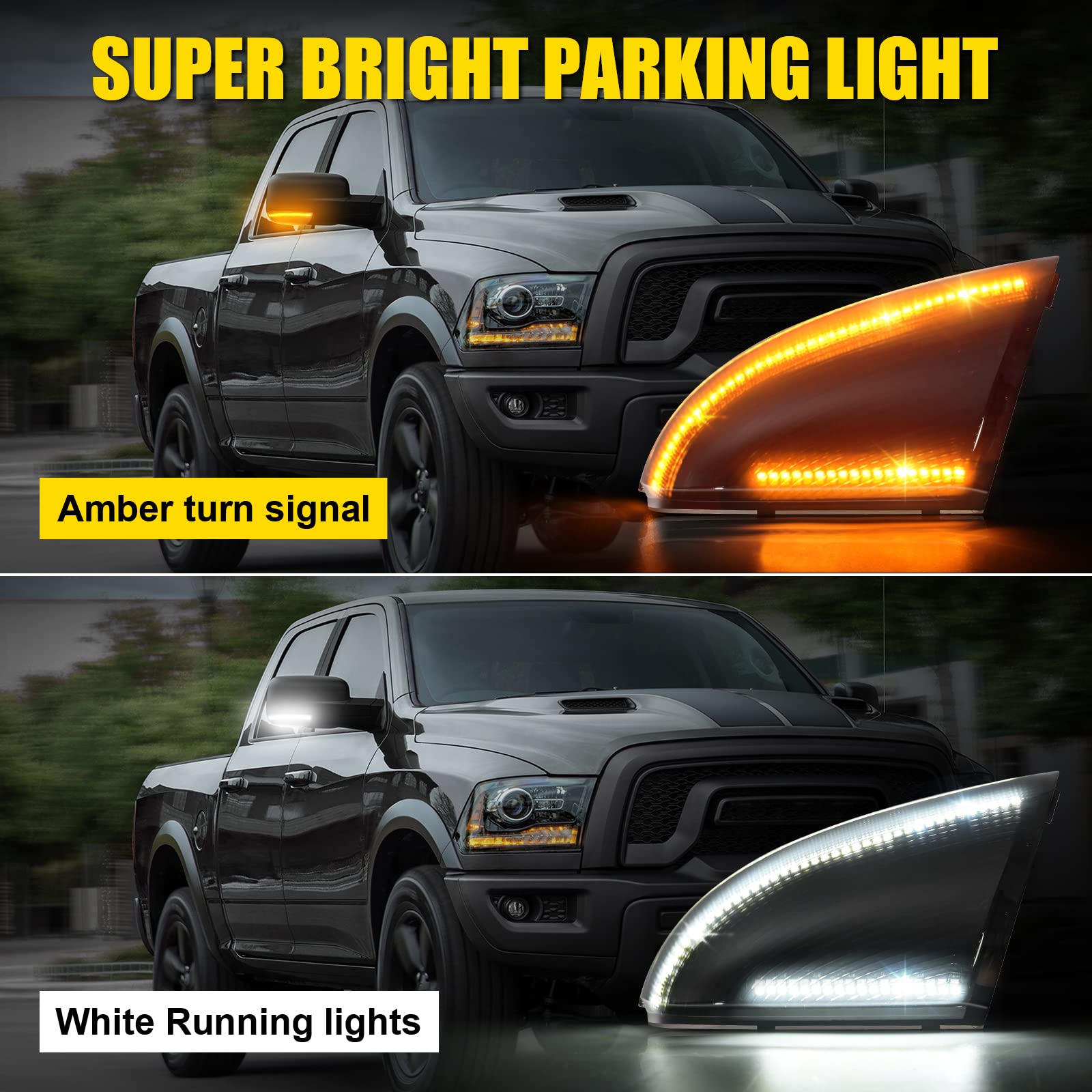 LED Side Mirror Marker Lights for Dodge Ram 1500/2500 (2010-2021) - Sequential Amber Turn Signal & Running Lights - Upgrade for Classic & New Models - Enhanced Visibility & Safety for Night Driving & Off-Road Adventures