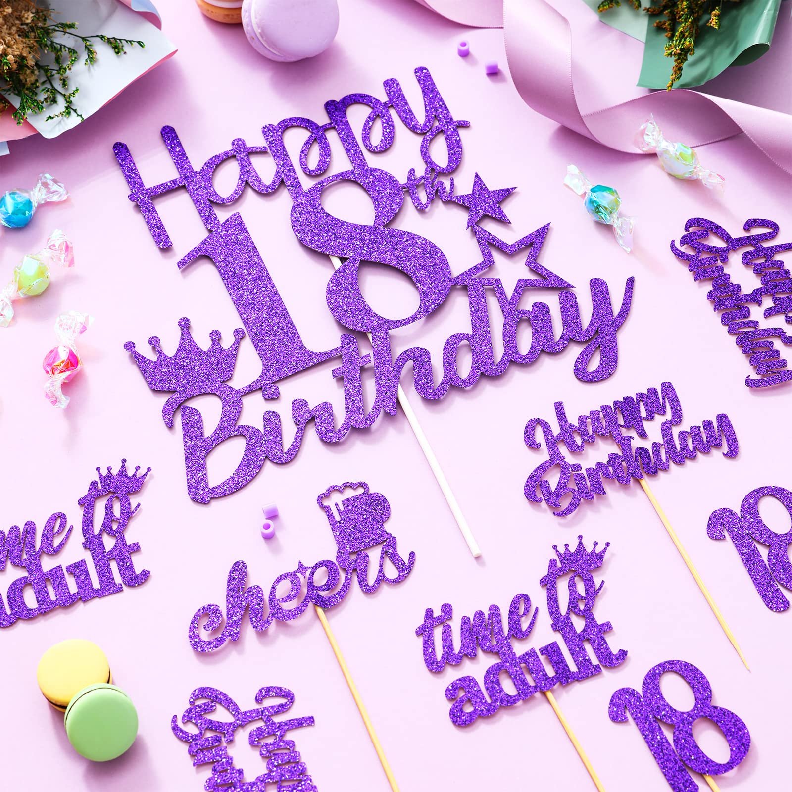 Happy 18th Birthday Cake Toppers - 25 Pack Purple Cake Picks & Cupcake Decorations for Girls | Eighteen Years Old Party Supplies for Birthday Celebrations, Sweet 16 Parties & Milestone Events