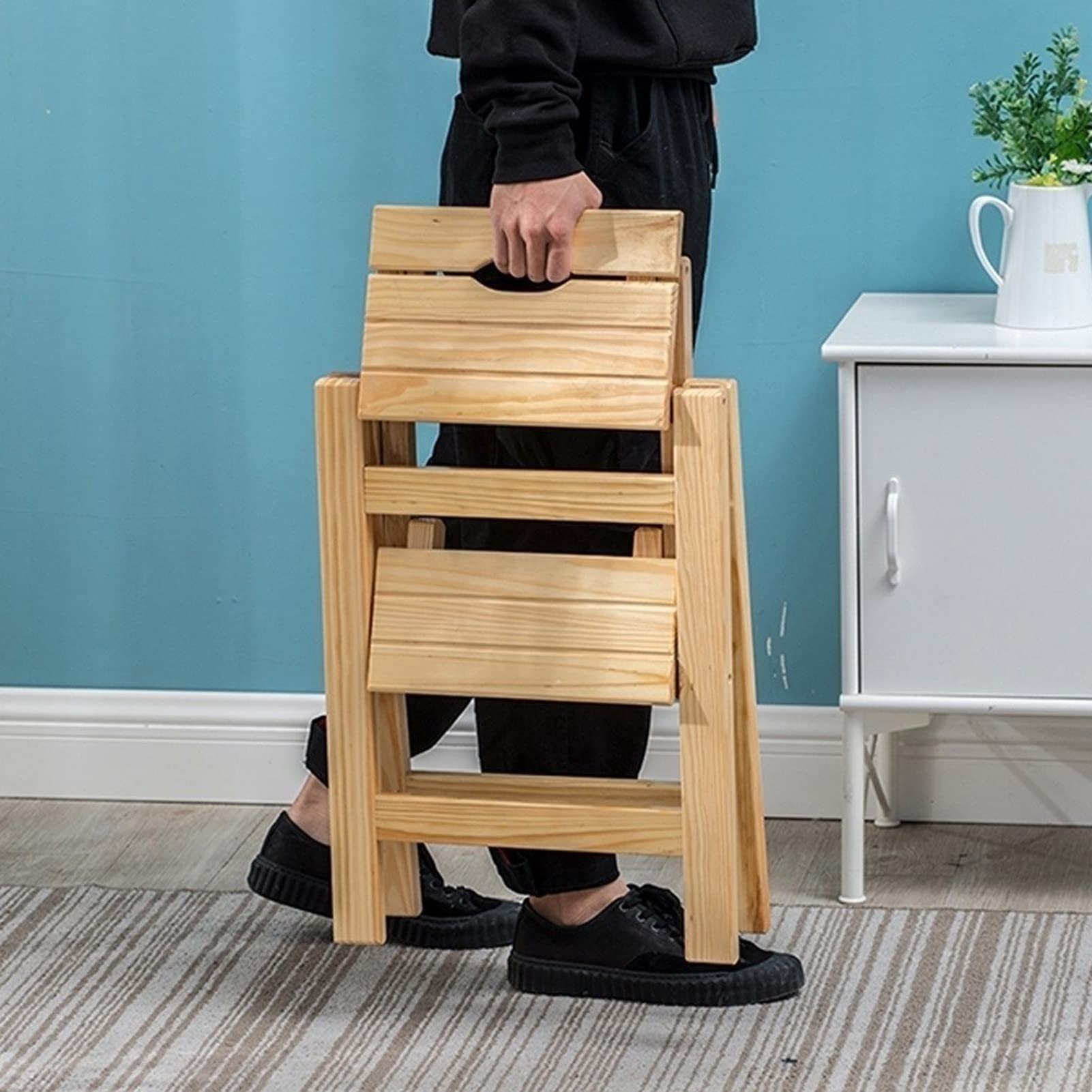 Wooden 2 Step Stool - Foldable Non-Slip Ladder Chair with Compact Design | Perfect as Kitchen Step Stool, Bookshelf, Plant Stand & Dining Chair for Home, Library & Office Use