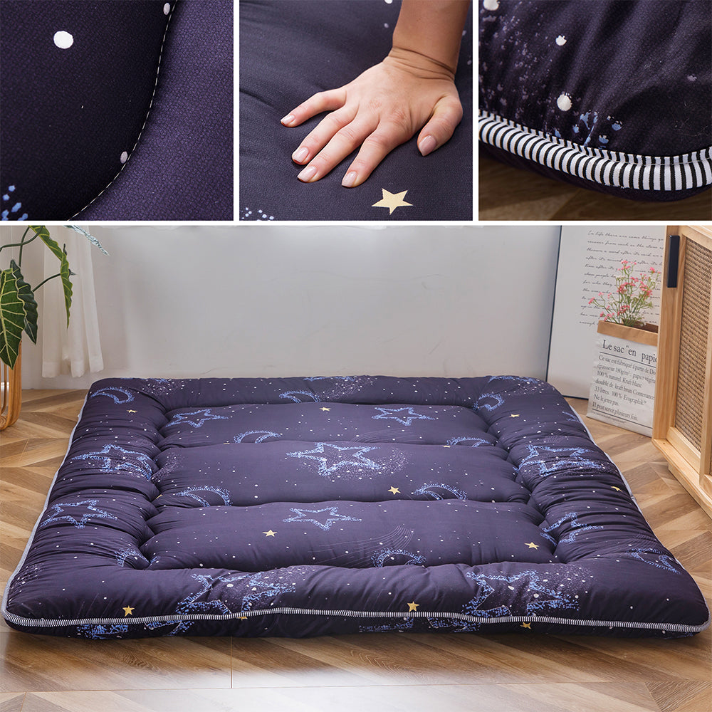 MAXYOYO Japanese Futon Mattress with Moon and Star Design - Foldable Floor Sleeping Mat for Guest Bed, Dorm Room, or Meditation Space