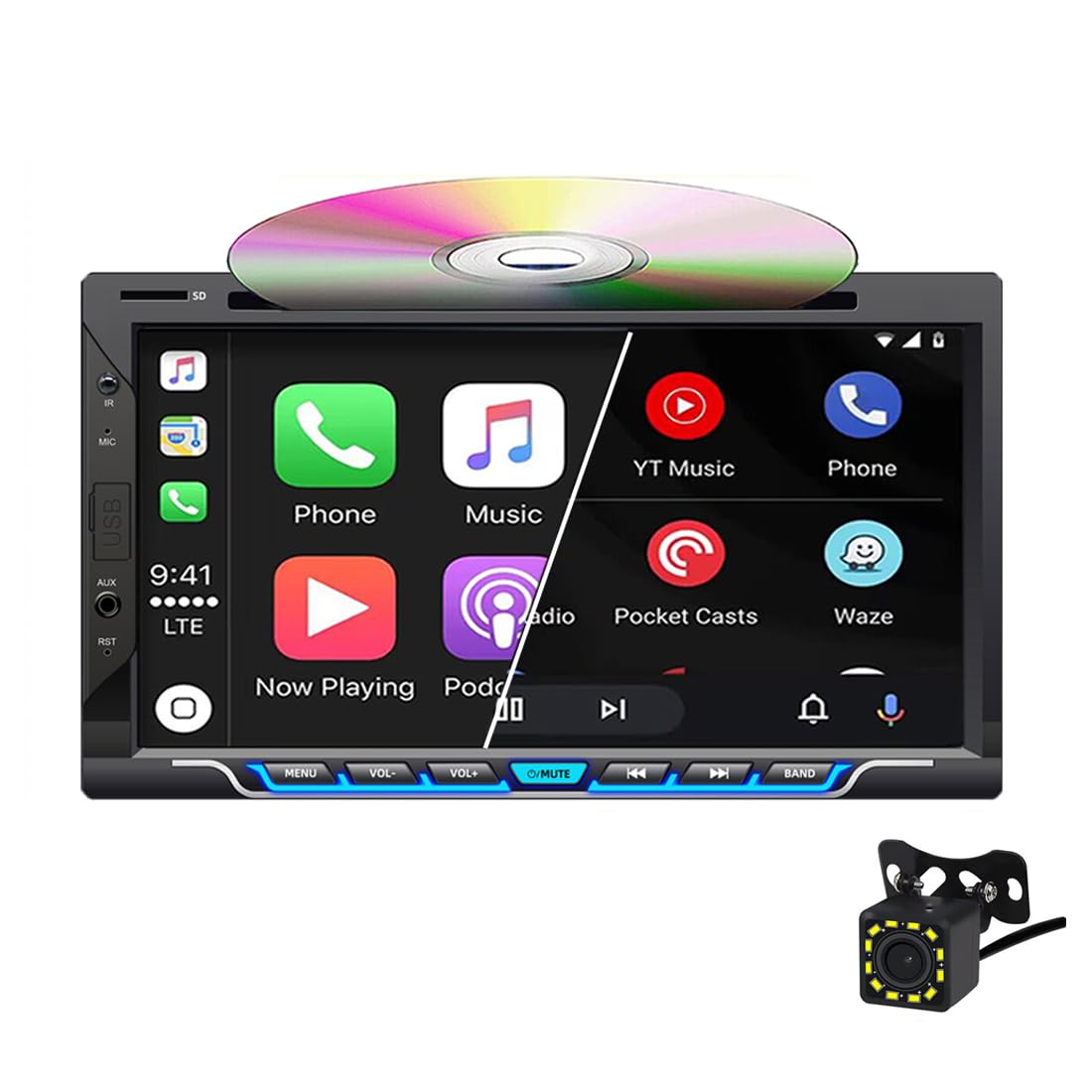 BOOMBOOST 7 Inch Double Din Car Stereo with CD/DVD Player, Wireless CarPlay & Android Auto, Bluetooth, AM/FM, Mirror Link, USB/TF/AUX Input & Backup Camera - Perfect for Road Trips, Commuting & Hands-Free Driving