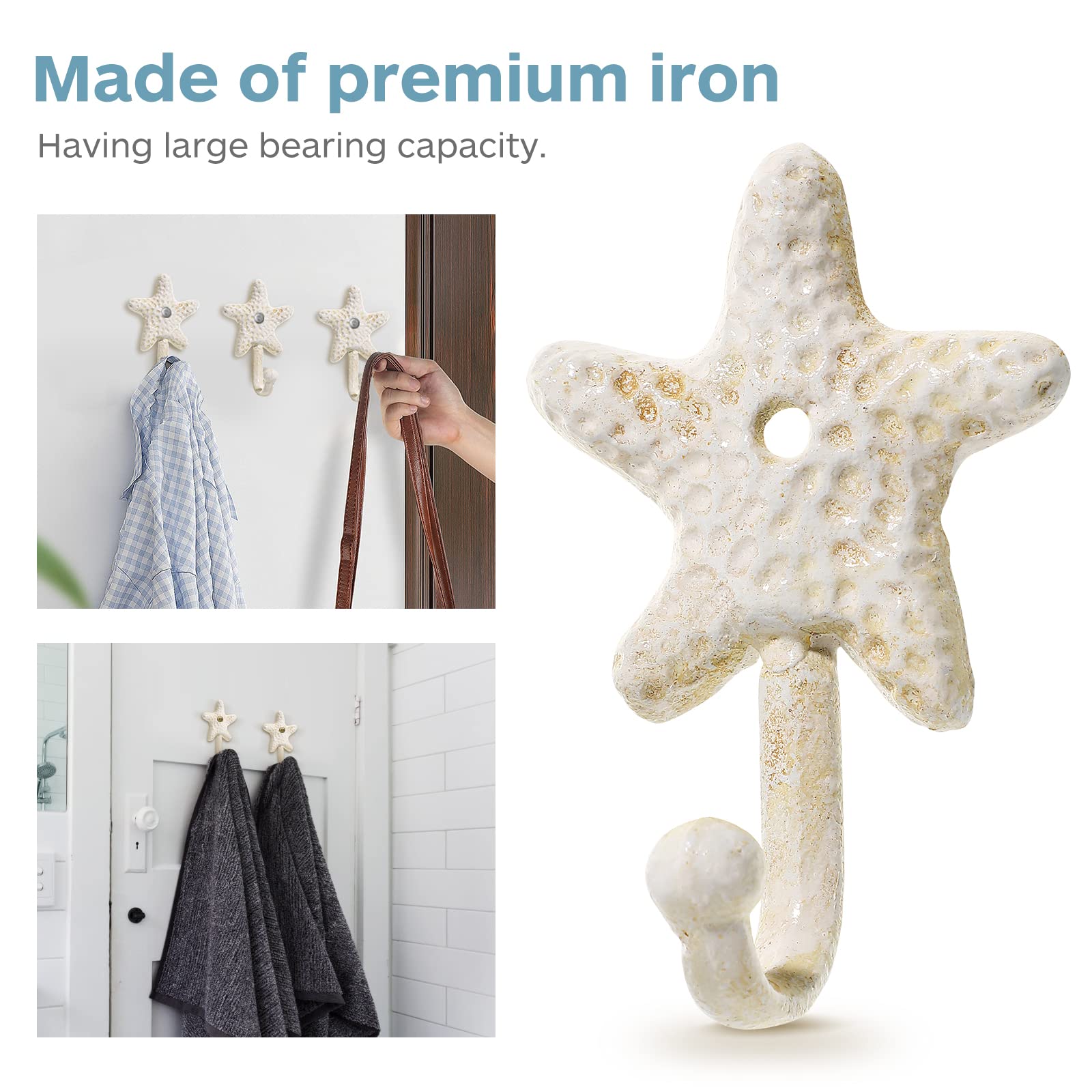 3-Pack Star Shaped Iron Towel Hooks - Heavy Duty Wall Mounted Bathroom Towel Holder for Kitchen, Bedroom, Hotel & Pool - Rustic Retro Coat Hook for Hand Towels & Robes (Perfect for Spa, Gym & Beach House Decor)