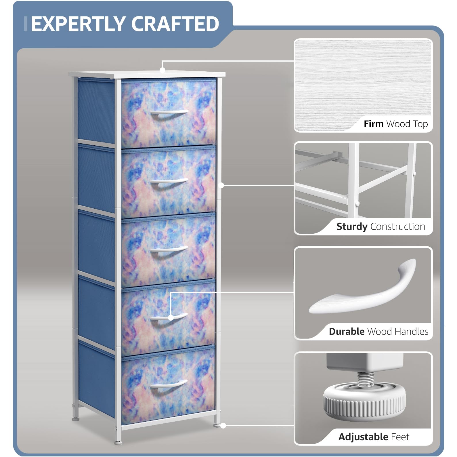 Sorbus 5-Drawer Fabric Dresser for Kids - Tall Storage Tower with Wood Handles & Steel Frame, Tie-Dye Blue - Perfect for Nursery, Playroom & Closet Organization | Kids Clothing Organizer & Toy Storage Solution