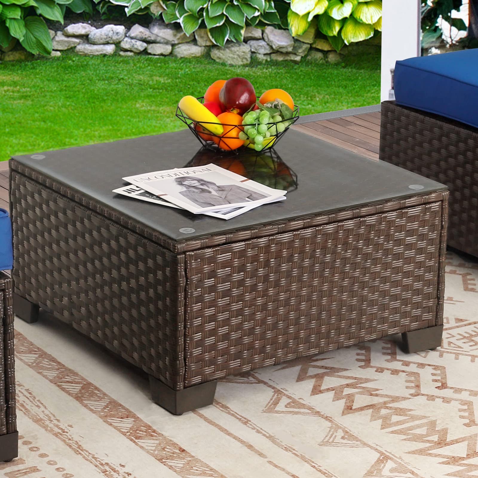 Brown Rattan Wicker Coffee Table with Tempered Glass Top - Outdoor Patio Garden Square Side Table - Perfect for Poolside, Deck, Balcony & Backyard Relaxation