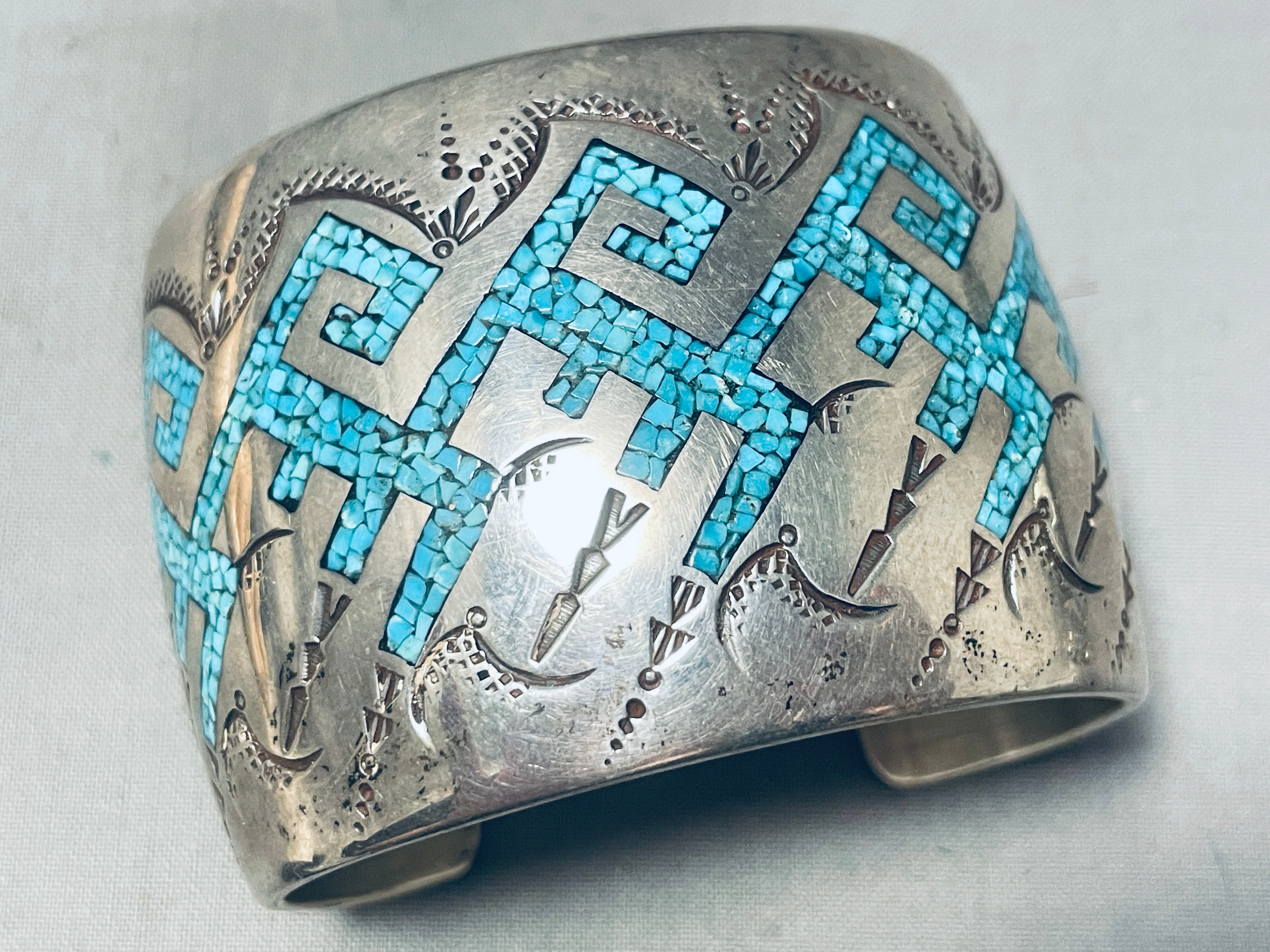 121 Gram Authentic Vintage Navajo Sterling Silver Bracelet with Geometric Water Design - Handmade Native American Jewelry for Women, Perfect for Boho Fashion & Special Occasions