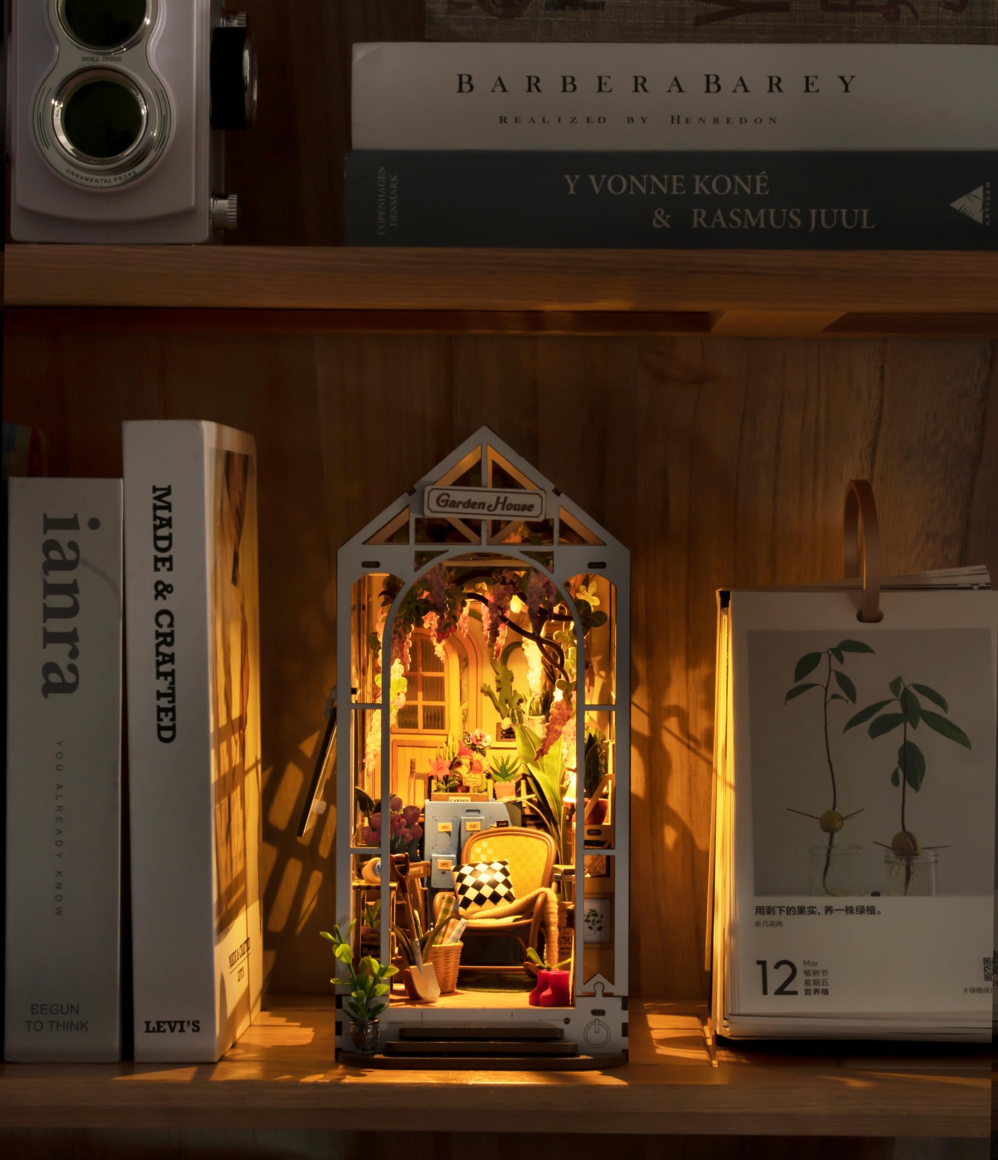 ROBOTIME DIY 3D Wooden Book Nook Kit - Miniature Garden House Model with LED Lights, Creative Bookshelf Insert & Bookend Decor | Perfect for Home Office, Library Display, and Unique Gift for Puzzle Lovers