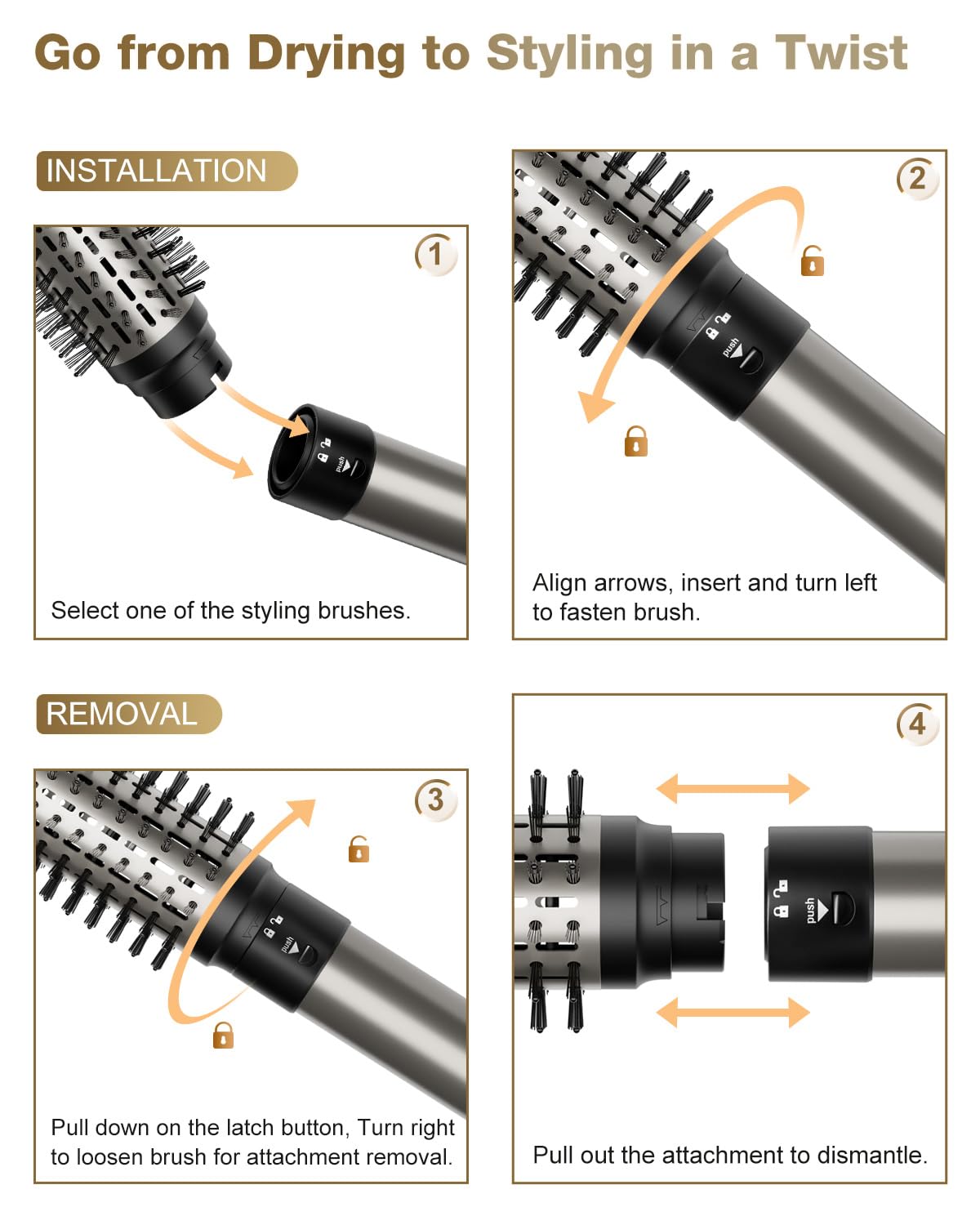 7MAGIC 1200W Ionic Hair Dryer Brush & 6-in-1 Styler - Silver (110V) for Fast Drying, Straight, Wavy, Curly & Coily Hair - Perfect for Home, Salon & Travel Use