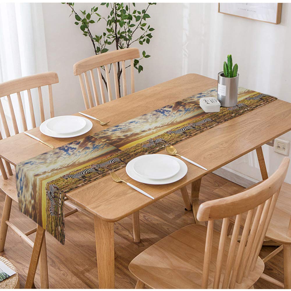Swono African Landscape Table Runner - Zebras Herd on Sunset Savanna, Cotton Linen Tablecloth for Kitchen, Coffee & Dining Table Decor (14x72 Inches, Non-Slip) - Perfect for Farmhouse, Boho & Safari Theme Home Decor