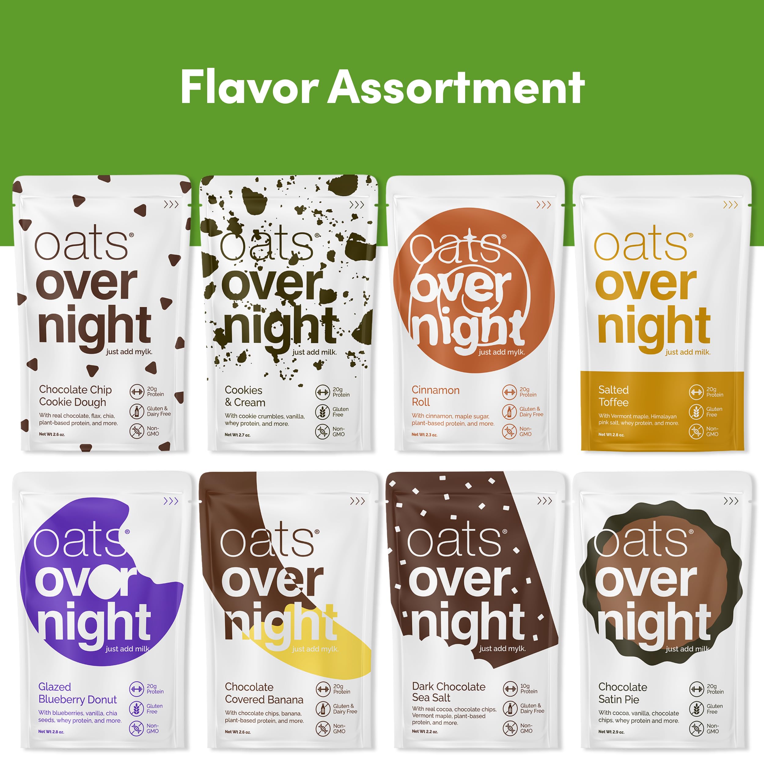 Oats Overnight Dessert Variety Pack - High Protein & Fiber Breakfast Shake - Gluten Free, Non-GMO Oatmeal - Salted Toffee, Chocolate Satin Pie (8 Pack + BlenderBottle) | Quick Healthy Breakfast, Post-Workout Meal, On-the-Go Nutrition