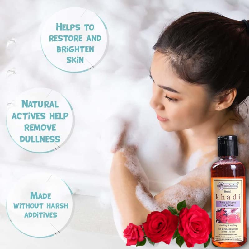 KHADI RISHIKESH Herbal Rose Honey Nourishing Body Wash with Rose Geranium Oil, Aloe Vera & Honey - 210ml for Soft, Smooth & Radiant Skin | Natural Essential Oils | Perfect for Daily Hydration & Aromatherapy Baths