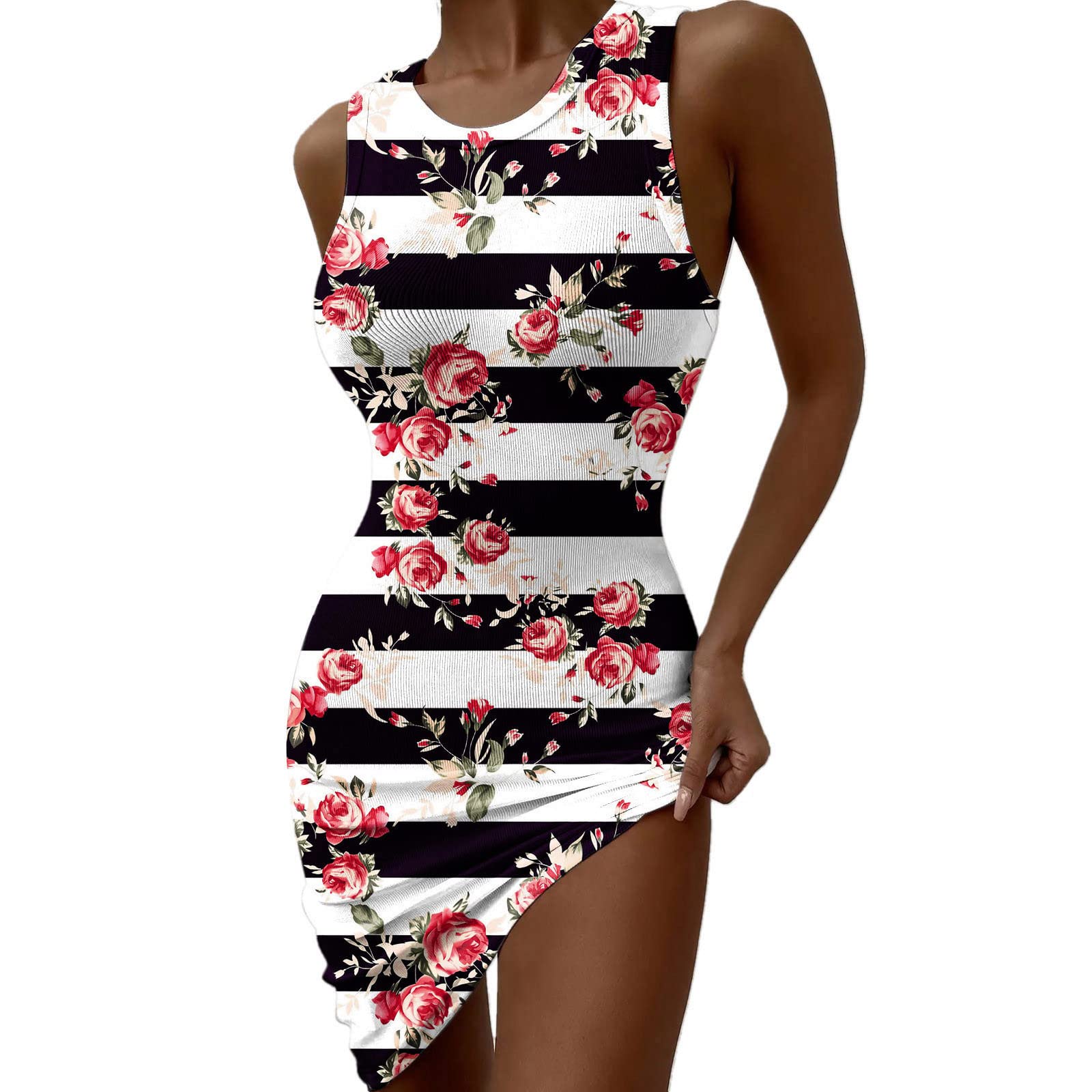 Women's Casual Summer Sleeveless Bodycon Mini Dress - Crew Neck Tank Top Beach Dress for Women | Perfect for Vacation, Pool Party & Summer Outings