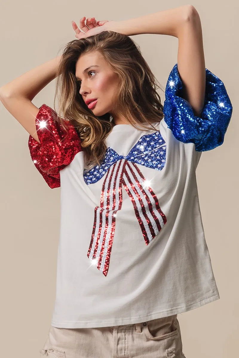 BiBi Sequin American Flag Bow Top - Patriotic Glamour for Women | Perfect for 4th of July, Independence Day & USA Themed Parties