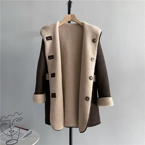 Women's Fashion Sheep Shearling Fur Jacket - Warm Mid-Length Casual Wool Coat with Hood | Korean Style Winter Outerwear for Women | Perfect for Daily Wear, Office & Outdoor Activities