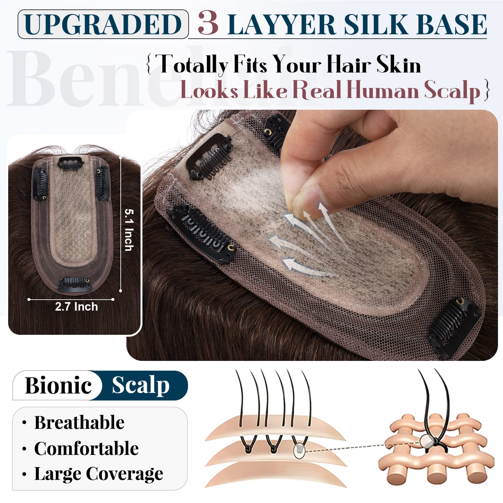 Benehair Clip-in Human Hair Toppers for Women with Silk Base - 1 Piece Remy Human Hair Topper for Thinning Hair - Realistic Hair Extensions Replacement #02 Dark Brown 6 Inch 27g - Perfect for Daily Wear, Special Occasions & Hair Volume Enhancement
