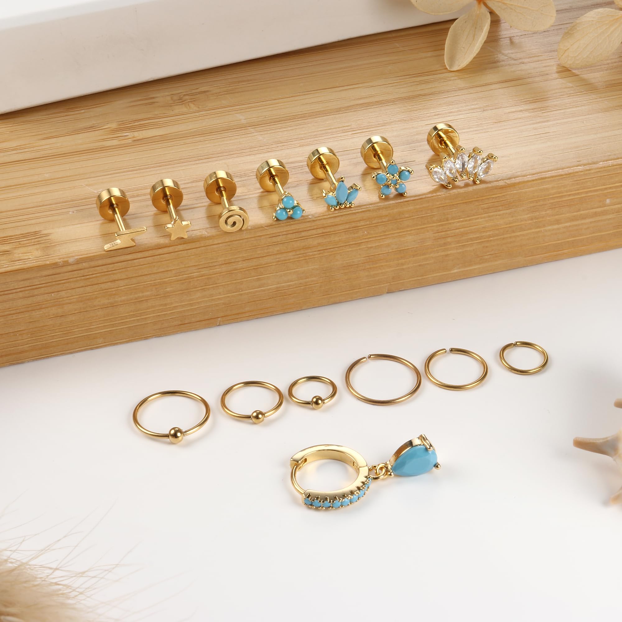 14Pcs Surgical Steel Cartilage Earrings Set - Tragus, Rook, Daith Hoop Studs for Women | Turquoise Body Jewelry for Pierced Ears | Perfect for Daily Wear, Parties & Gifts