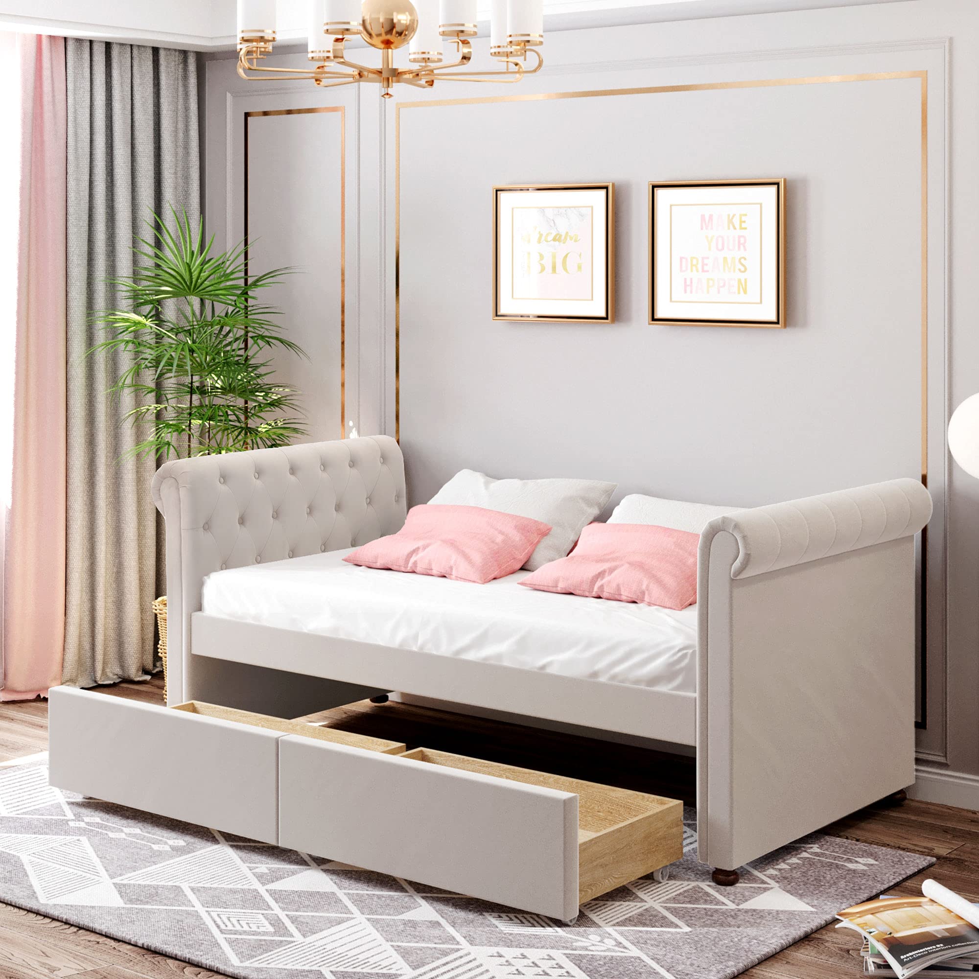 Twin Size Wood Daybed with 2 Drawers - Easy Assembly Upholstered Sofa Bed for Kids, Teens & Adults - Beige Modern Sleeper for Guest Room, Dorm or Small Space