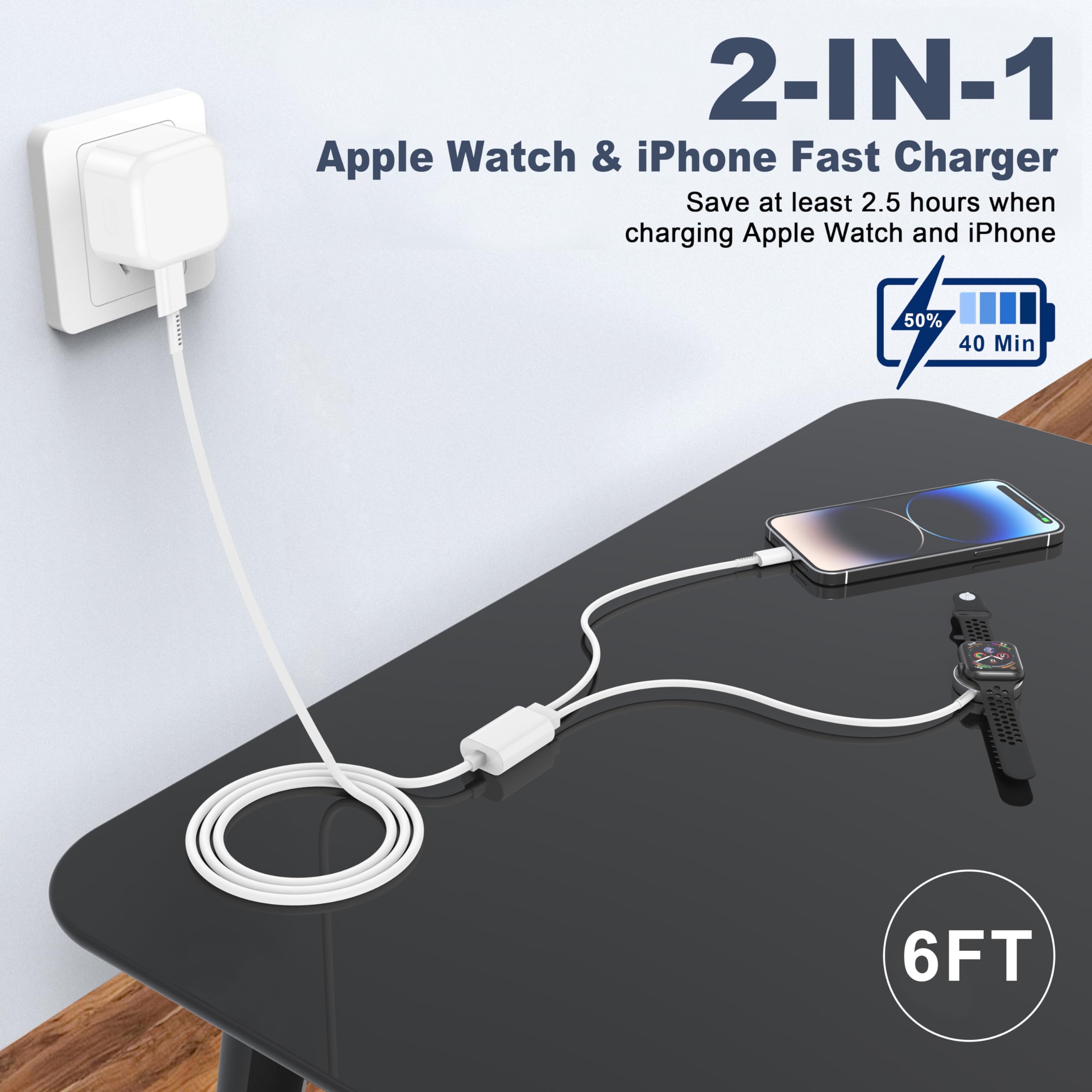 2-in-1 USB C Charger for Apple Watch & iPhone - 20W Fast Charging Cable with Wall Adapter for Apple Watch Series 8/7/6/5/SE & iPhone 14/13/12/AirPods - Perfect for Travel, Office & Home Use
