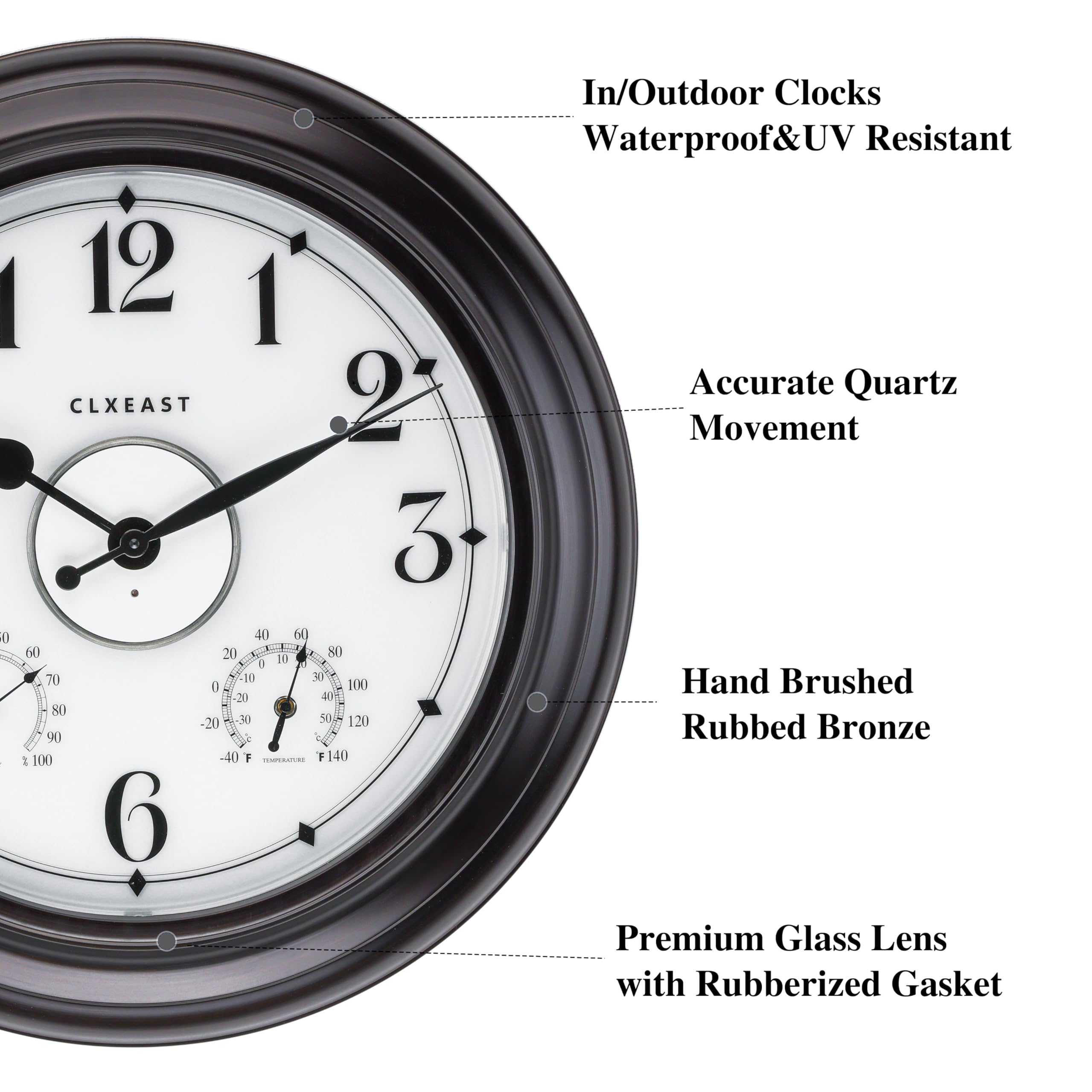 CLXEAST 24 Inch LED Outdoor Metal Clock - Waterproof, Large Lighted Wall Clock with Temperature & Humidity Display - Oil Rubbed Bronze Black - Perfect for Patio, Garden, Backyard & Easter Decorations