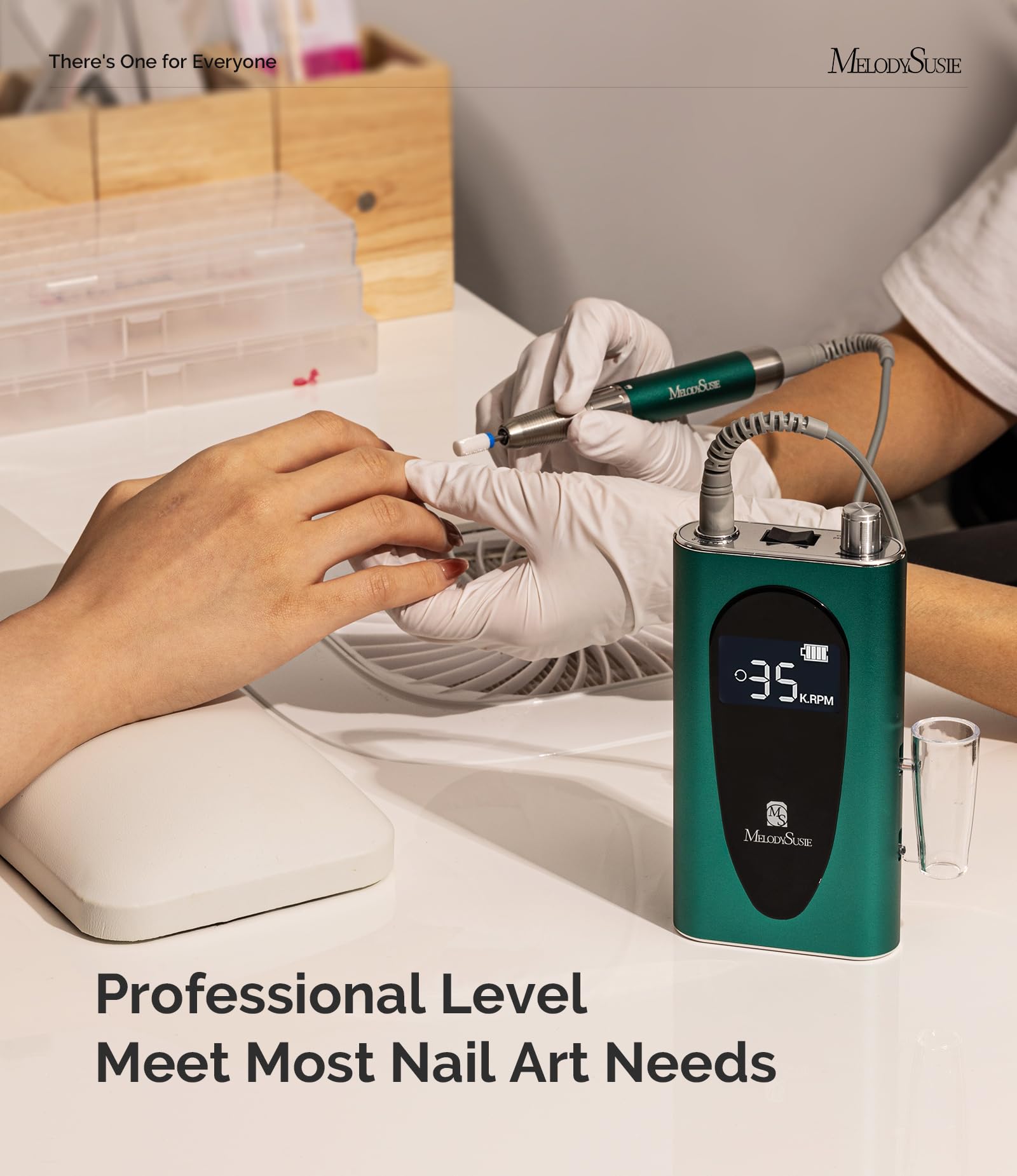 MelodySusie MM400C Professional Cordless Nail Drill - 35000 RPM Rechargeable Electric Nail File for Acrylic & Gel Nails, Includes 8 Drill Bits, Low Noise & Heat - Perfect for Home & Salon Nail Care (Sparkle Plus, Green)