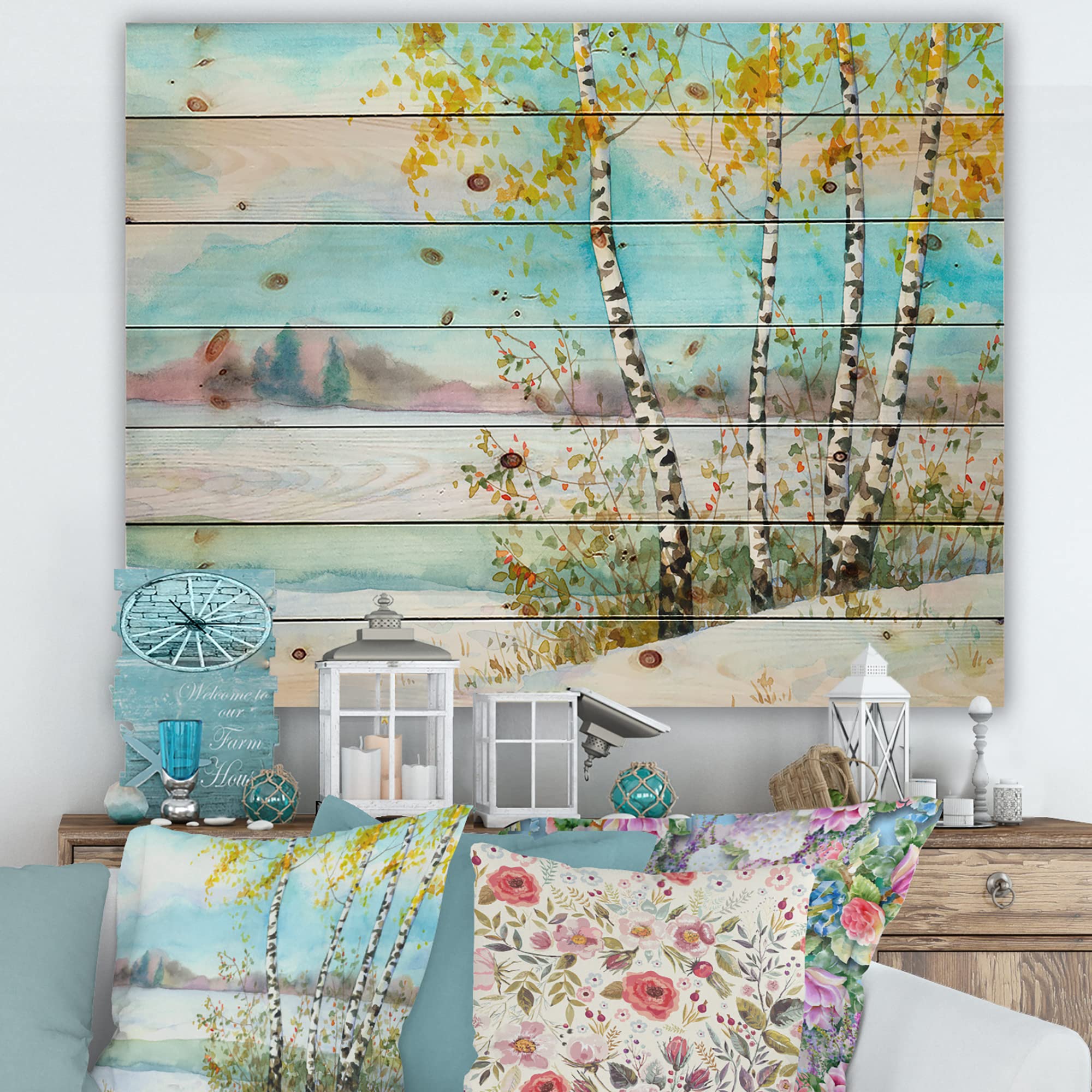 DesignQ Birches in Snowy Field Lake House Wood Wall Decor - Blue Wood Wall Art - Large Landscape Wood Panels Printed on Natural Pine - Perfect for Living Room, Bedroom & Cabin Decor