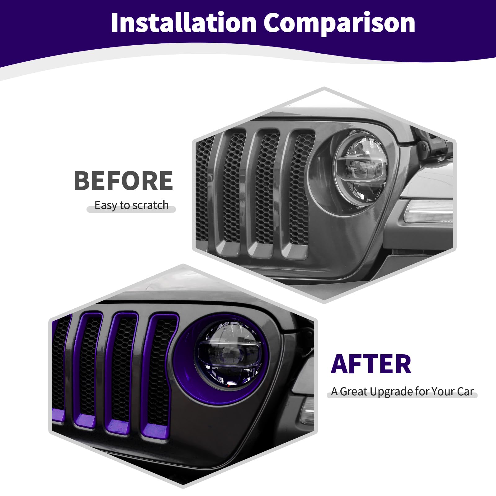 RT-TCZ Purple Mesh Front Grille Grill Insert & Headlight Cover Trim for Jeep Wrangler JL/JLU (2018-2022) - 9-Piece Exterior Accessories Kit | Off-Road Protection & Custom Styling