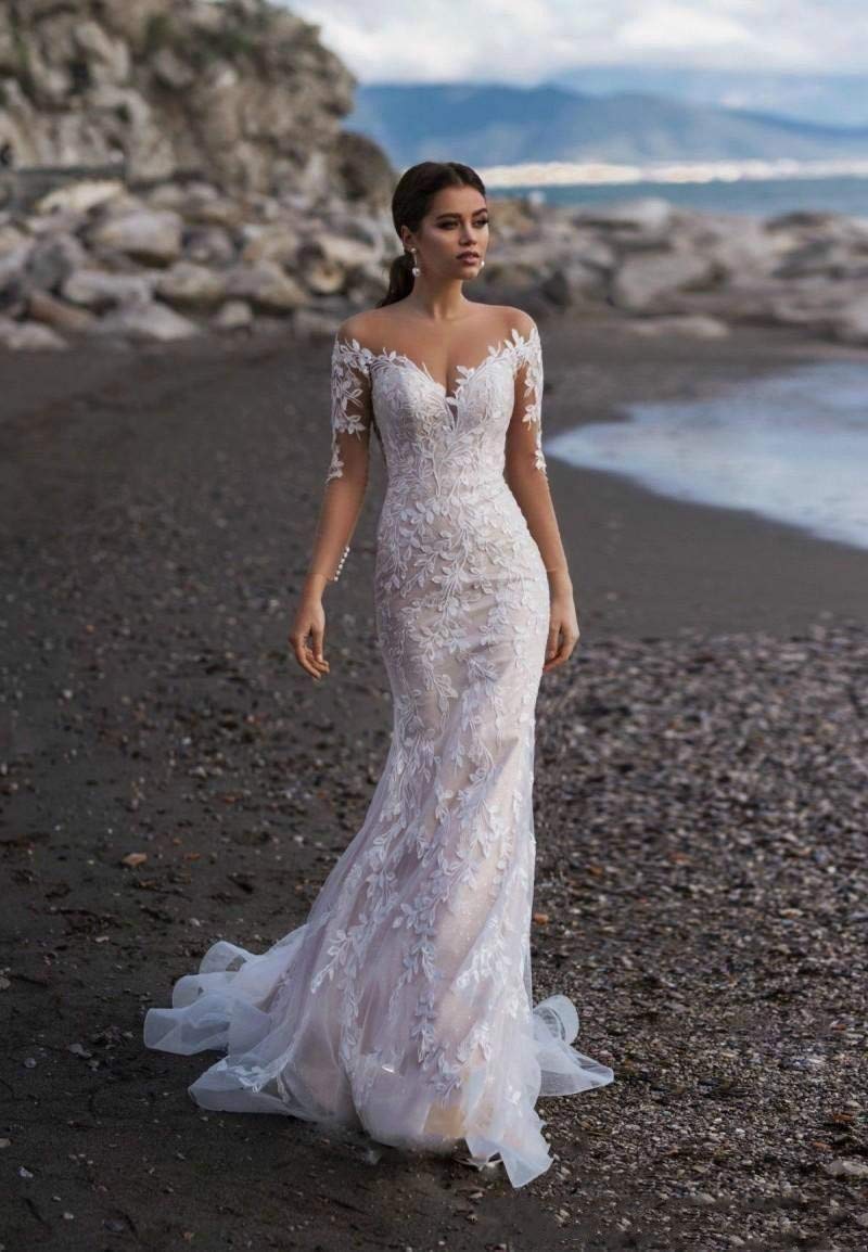 Elegant Ivory Mermaid Wedding Dress with Lace Appliques & Sheer Back - Perfect for Beach Weddings, Prom, and Formal Events