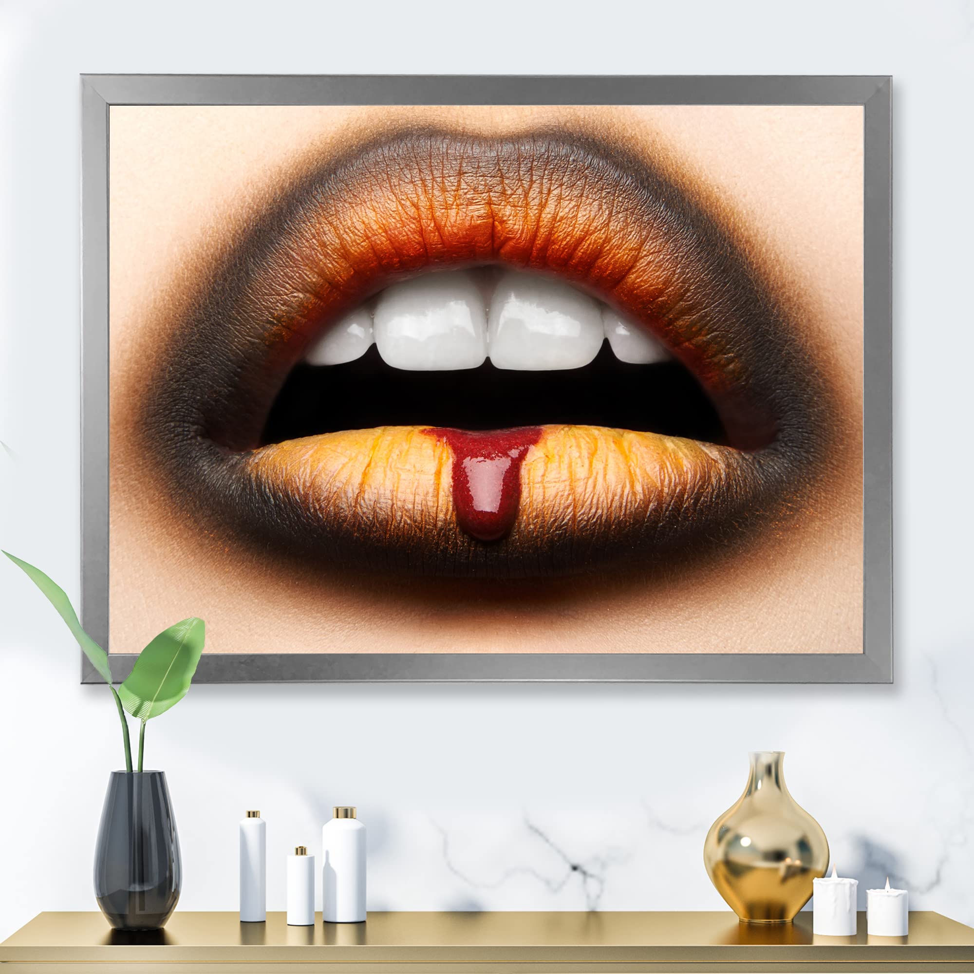DesignQ Modern Framed Wall Art - Black & Orange Lipstick Female Lips Painting - Perfect for Living Room, Bedroom, or Office Decor