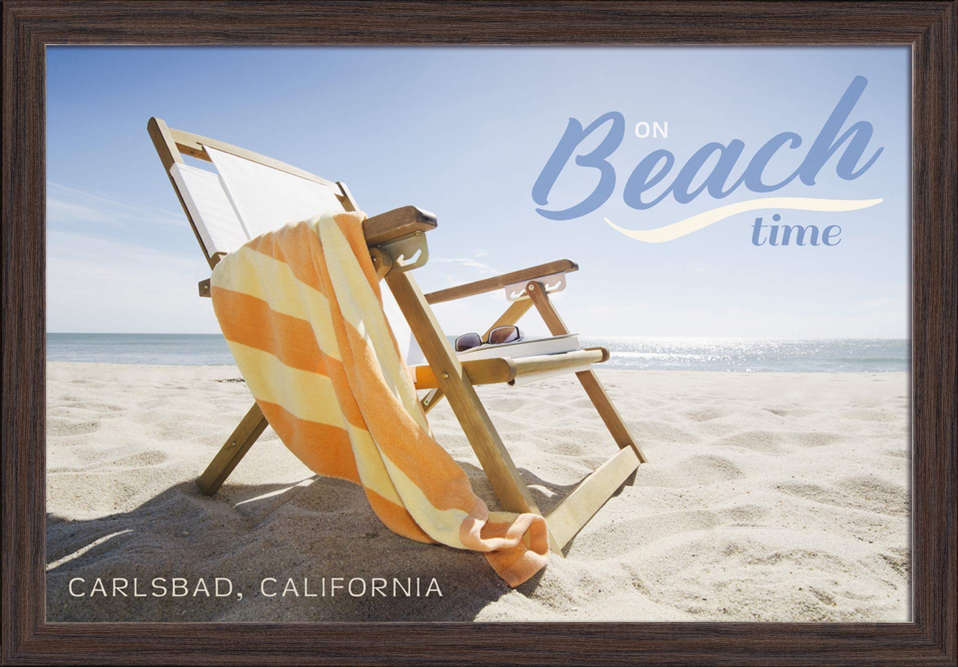 Carlsbad California Beach Time Art Print - 16x24 Giclee Fine Art on Recycled Wood Frame in Espresso Brown - Perfect for Coastal Home Decor & Beach House Wall Art