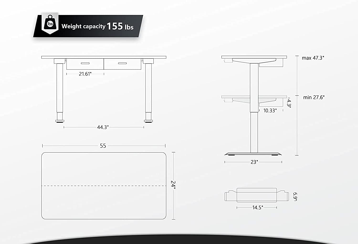 BANTI 55 Inch Adjustable Height Electric Standing Desk with Double Drawers - Black Frame & Black Top | Ergonomic Computer Workstation for Home Office | Perfect for Remote Work, Gaming & Study Spaces