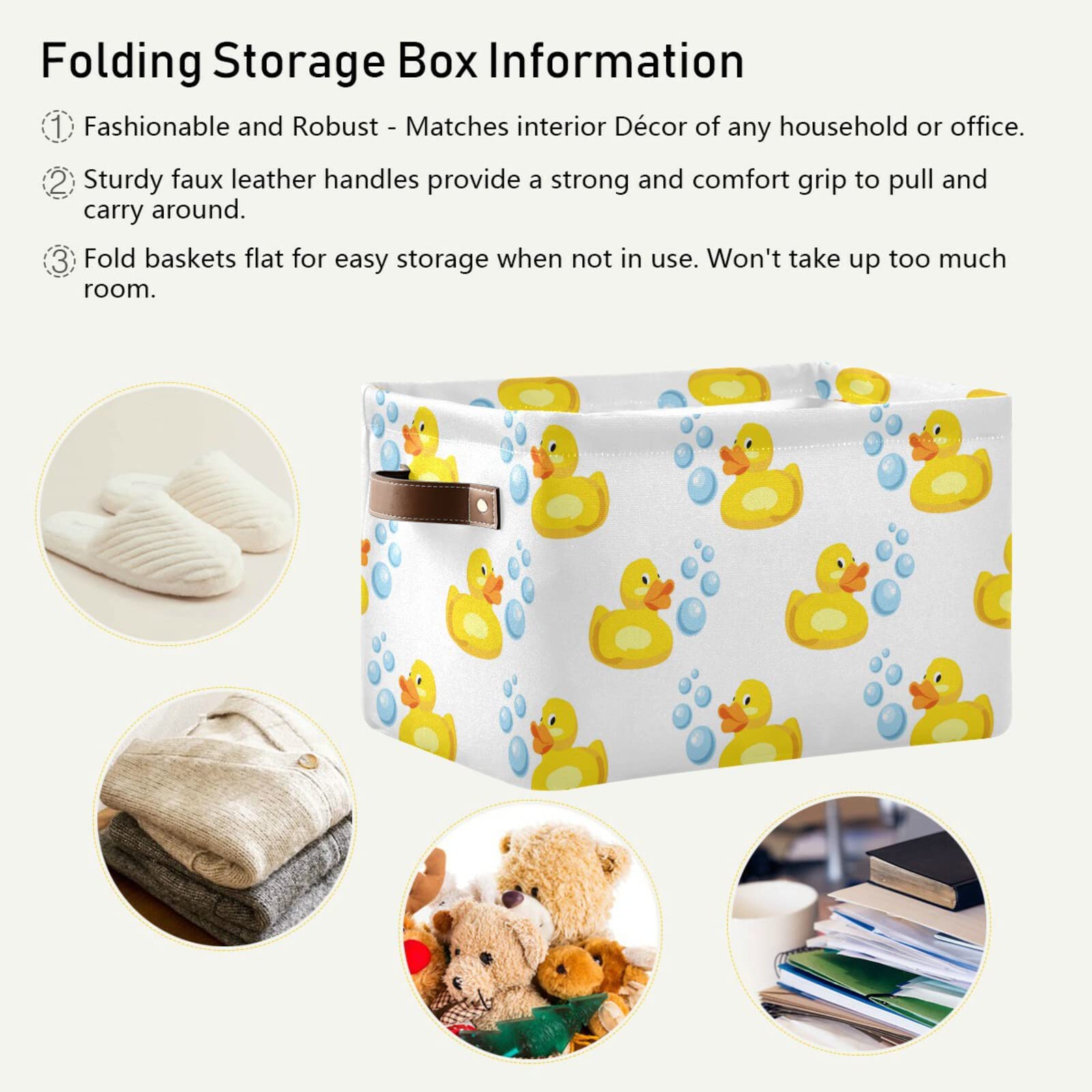 Yellow Rubber Ducks Rectangular Collapsible Storage Basket with Leather Handles - Foldable Laundry Bin & Home Organizer for Kitchen, Bedroom, Bathroom | Perfect for Toys, Clothes & Household Items Storage
