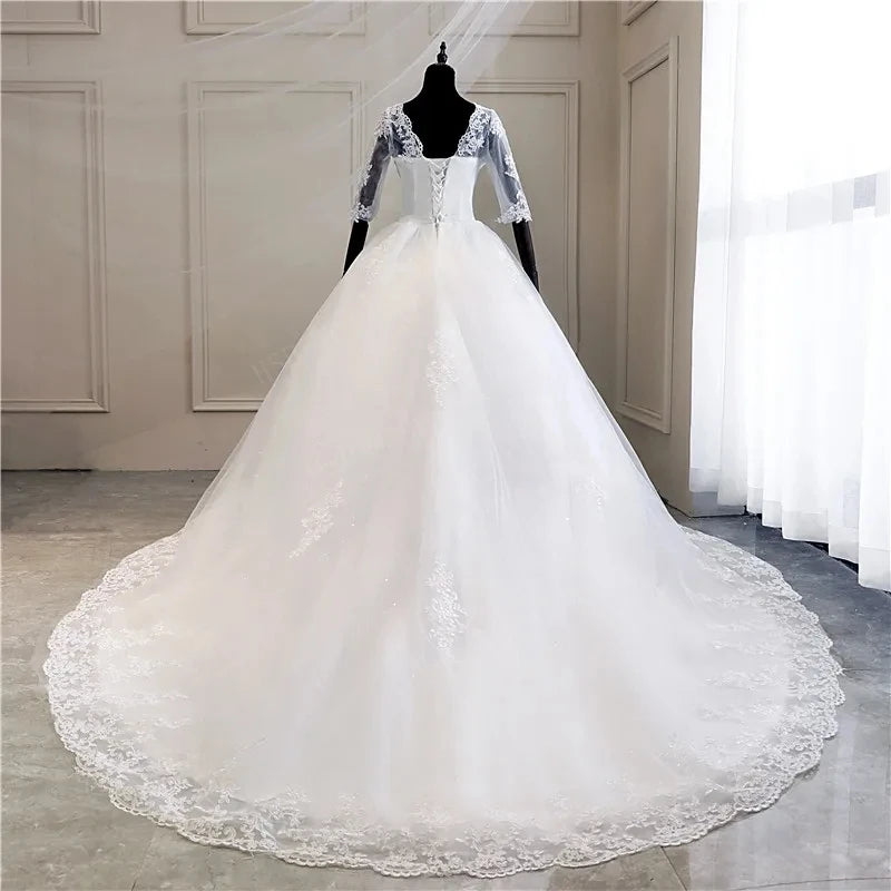 Elegant V-Neck Long Sleeve Plus Size Wedding Dress with Cathedral Train - Perfect for Bridal Ceremonies & Formal Events
