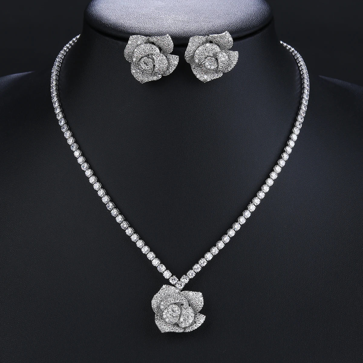 Elegant CZ Cubic Zirconia Rose Flower Pendant Necklace & Earrings Set - Bridal Wedding Jewelry for Women - Perfect Gift for Anniversary, Valentine's Day & Special Occasions