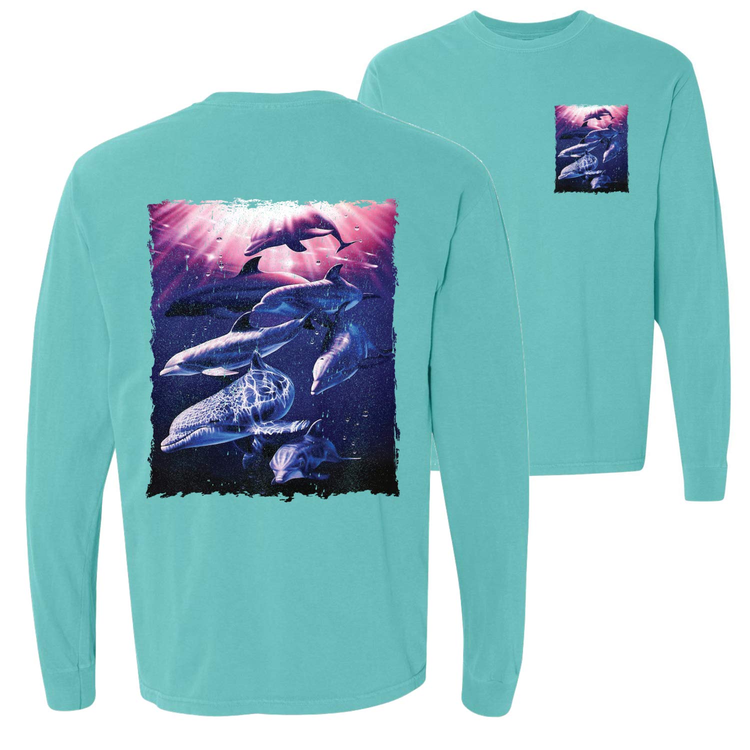 Whale and Dolphin Print Long Sleeve T-Shirt for Animal Lovers | Nautical Themed Garment-Dyed Top | Perfect for Beach Outings, Marine Conservation Events, and Casual Wear