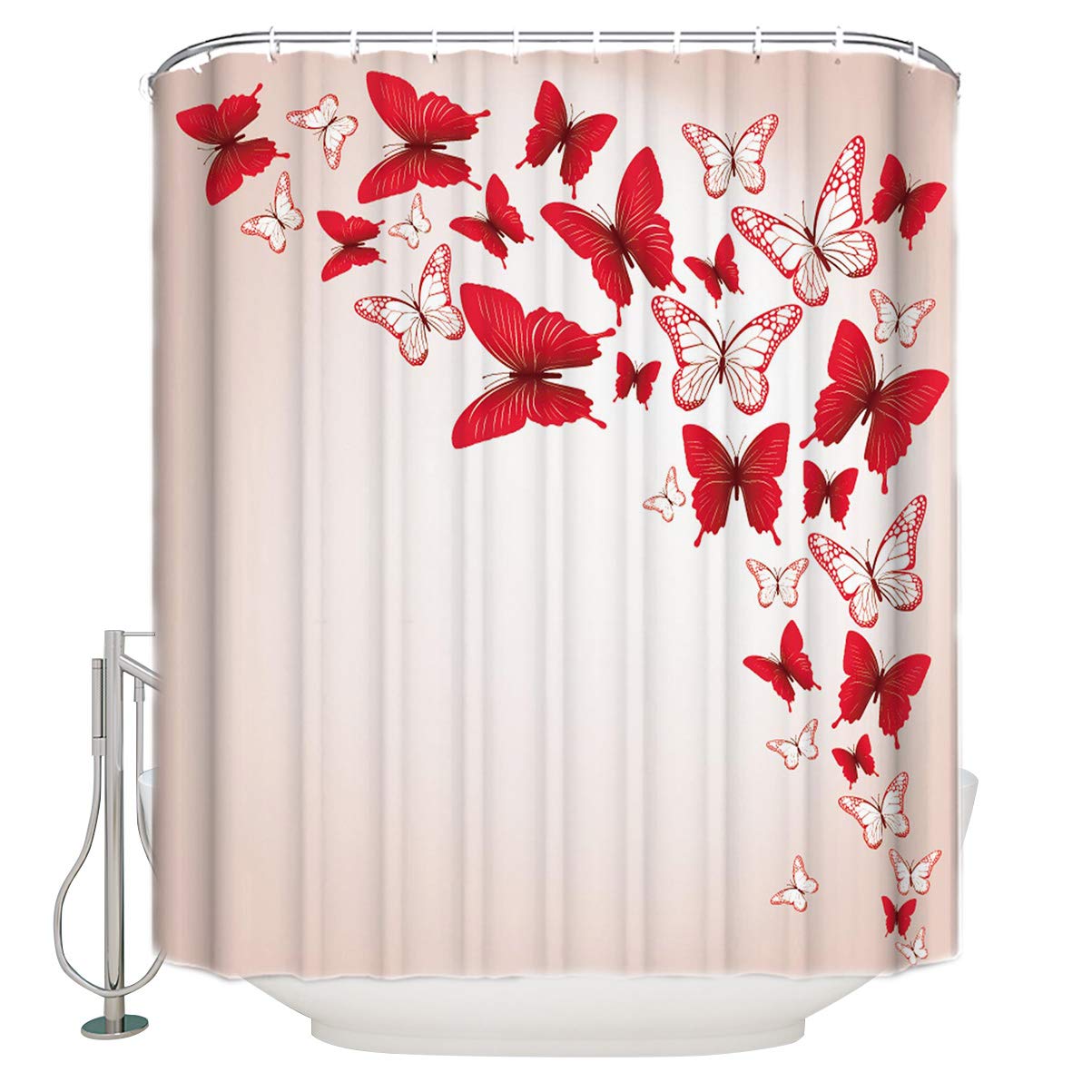 12 Hook Red Flying Butterfly Shower Curtain Liner - Durable Waterproof Bathroom Decor for Showers & Bathtubs (36