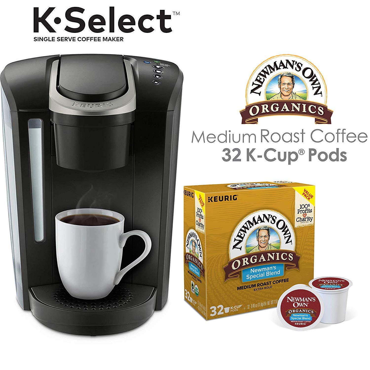 Keurig K-Select Single Serve Coffee Maker with 32 Newman's Own Special Blend K-Cup Pods - Black | Perfect for Home, Office & Quick Morning Brews