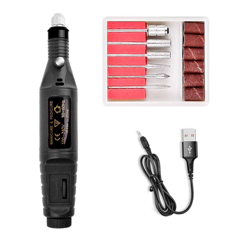 Professional Electric Nail Drill Machine Kit - USB Portable Manicure & Pedicure Tool with 6 Bits for Nail Art, Filing & Shaping | Perfect for Home Salon, Nail Technicians & DIY Beauty Care (Black)