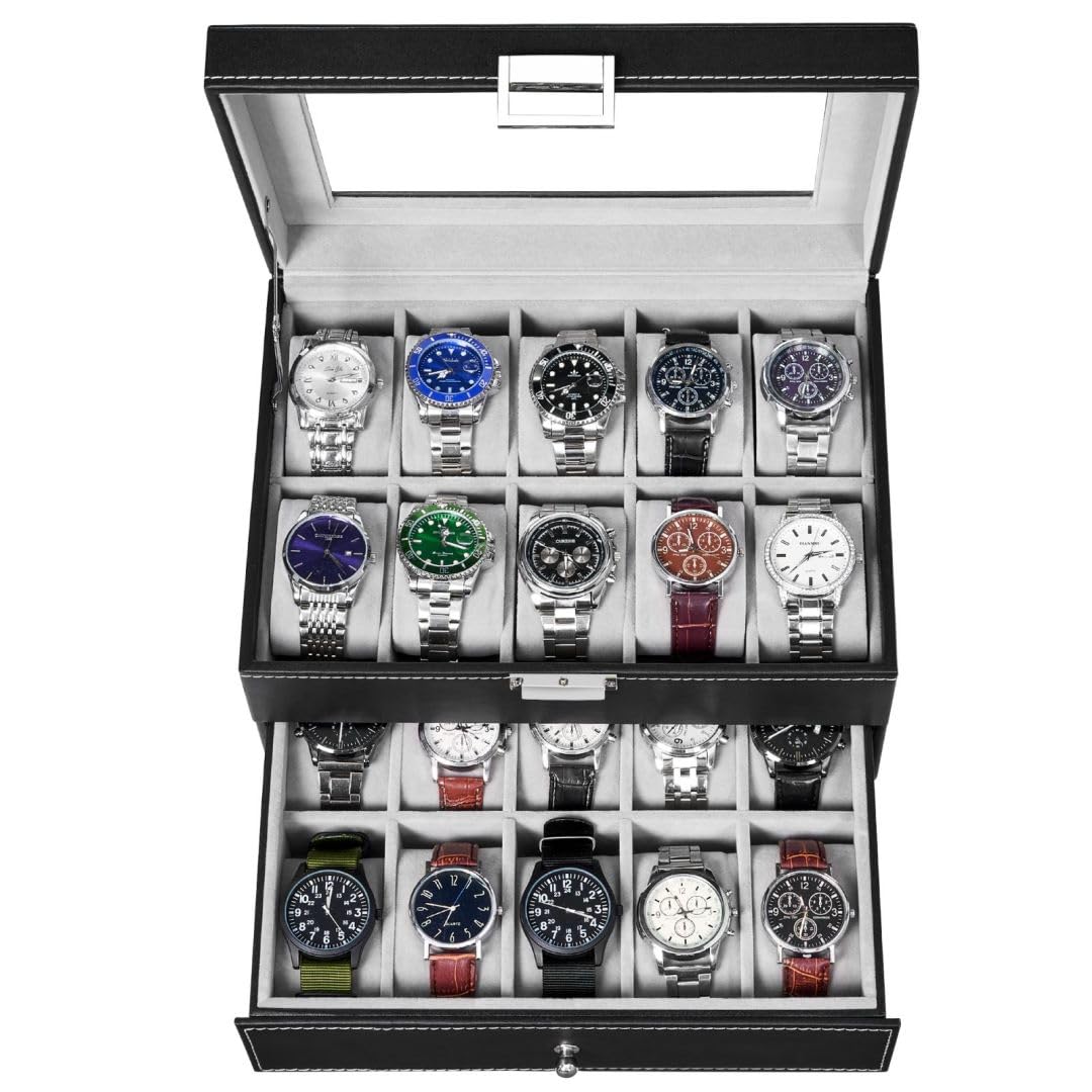BEWISHOME 20-Slot Watch Box Organizer for Men - Black PU Leather Display Case with Metal Hinge & Glass Top - Large Watch Storage Holder SSH04B - Perfect for Watch Collections, Gifts, and Travel Accessories
