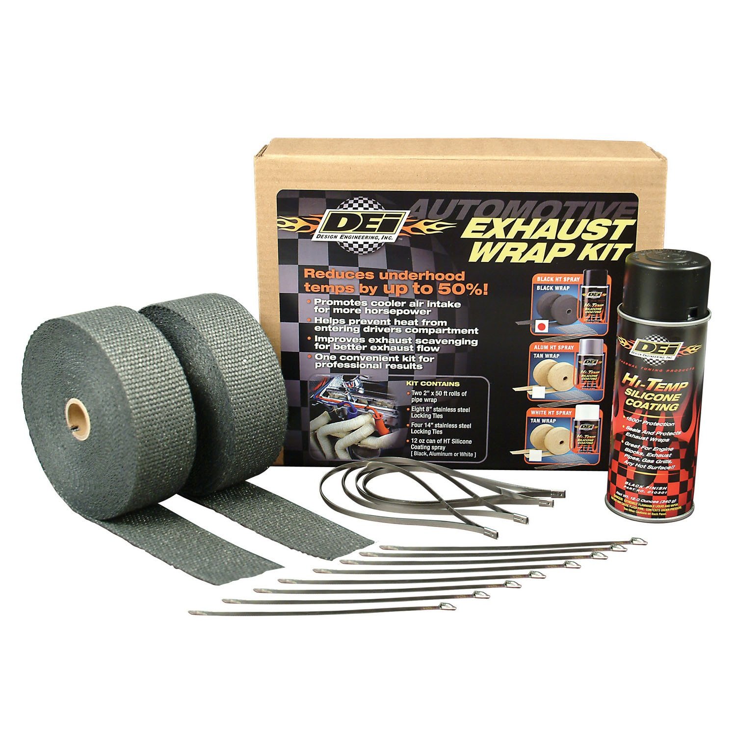 High-Temperature Exhaust Header Wrap Kit with Black Heat Resistant Wrap & Hi-Temp Silicone Coating Spray - Perfect for Automotive, Motorcycle, and Marine Engine Protection