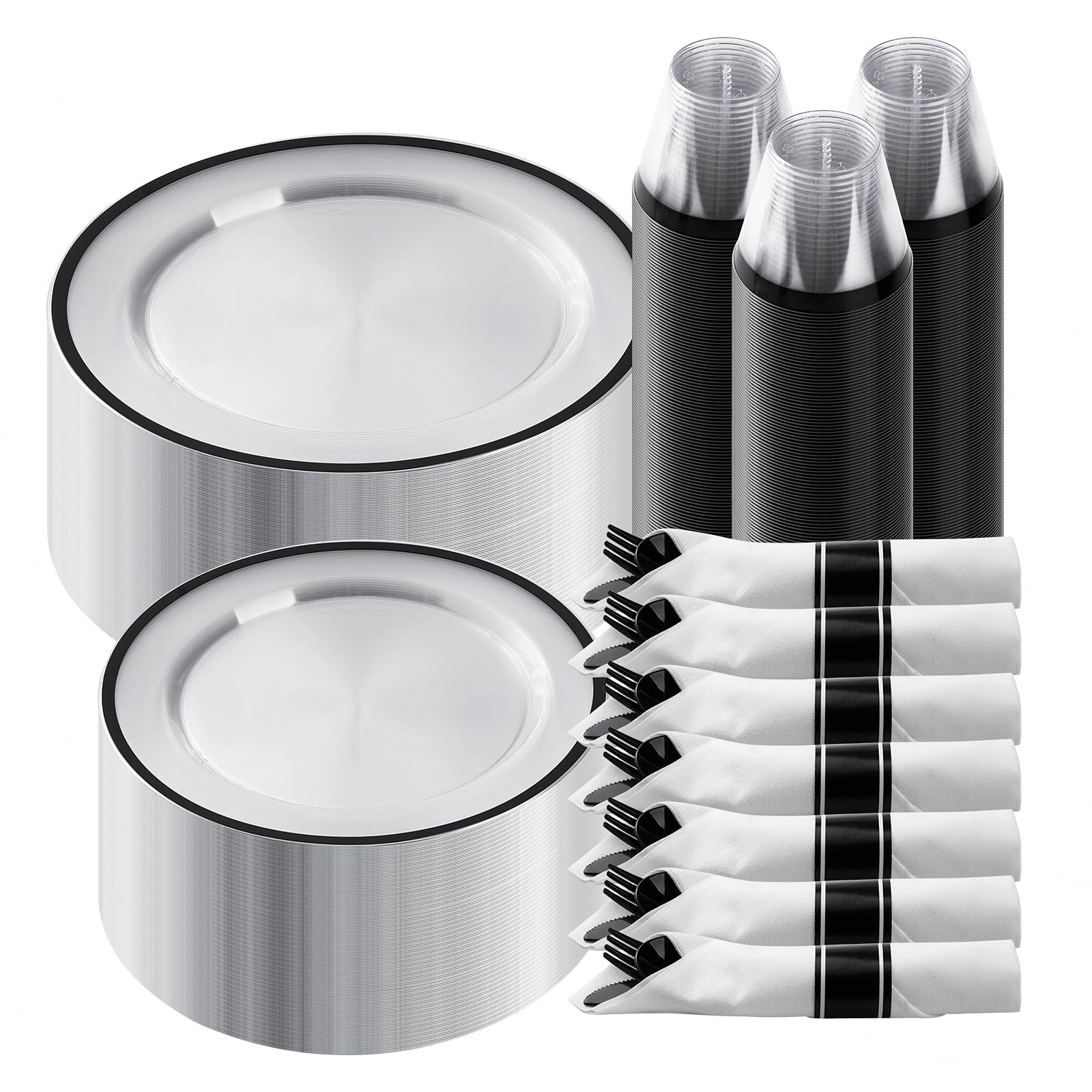 Goodluck 350-Piece Black Plastic Dinnerware Set for Party - Disposable Plates, Cups & Cutlery for 50 Guests (50 Dinner Plates, 50 Dessert Plates, 50 Pre-Rolled Napkins, 50 Cups) - Perfect for Birthday Parties, BBQs, Picnics & Catering Events