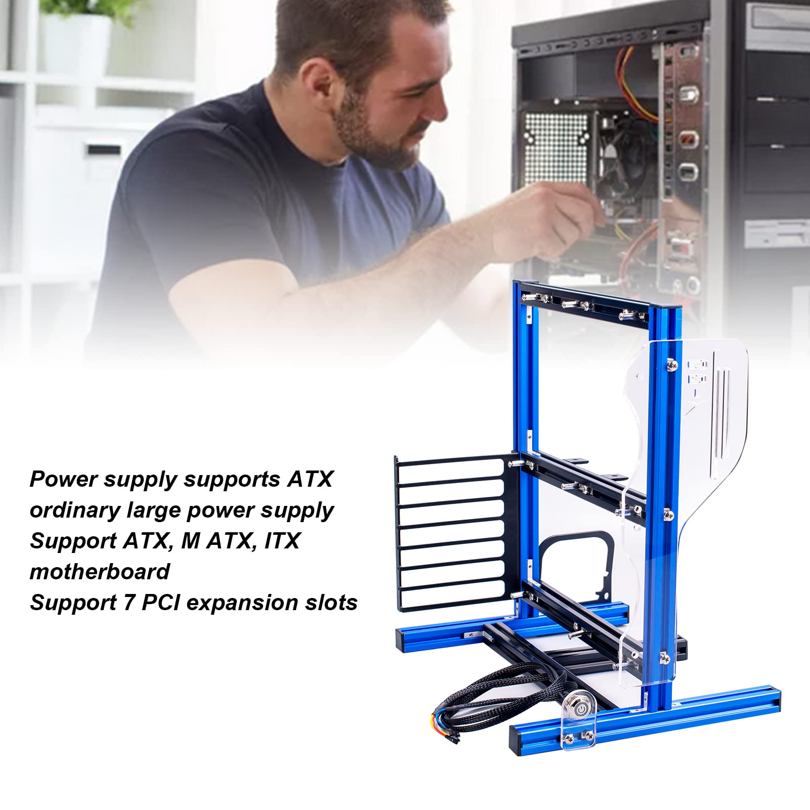 PUSOKEI DIY Open Frame Computer Case Bracket - Vertical Aluminum Stand for ATX/MATX/ITX Motherboards - Full Naked Heat Dissipation (Blue) - Perfect for Custom PC Builds, Gaming Rigs & Tech Showcases