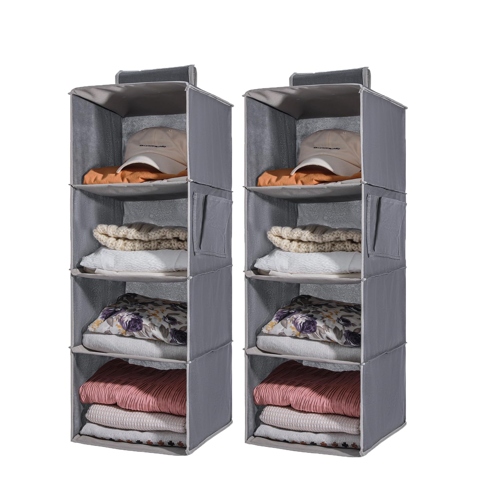 2-Pack Hanging Closet Organizer with 4 Shelves & Side Pockets - Space Saving Clothes Storage for Bedroom, Closet, Dorm & Travel (Grey) - Perfect for Organizing Shirts, Pants, Accessories & More