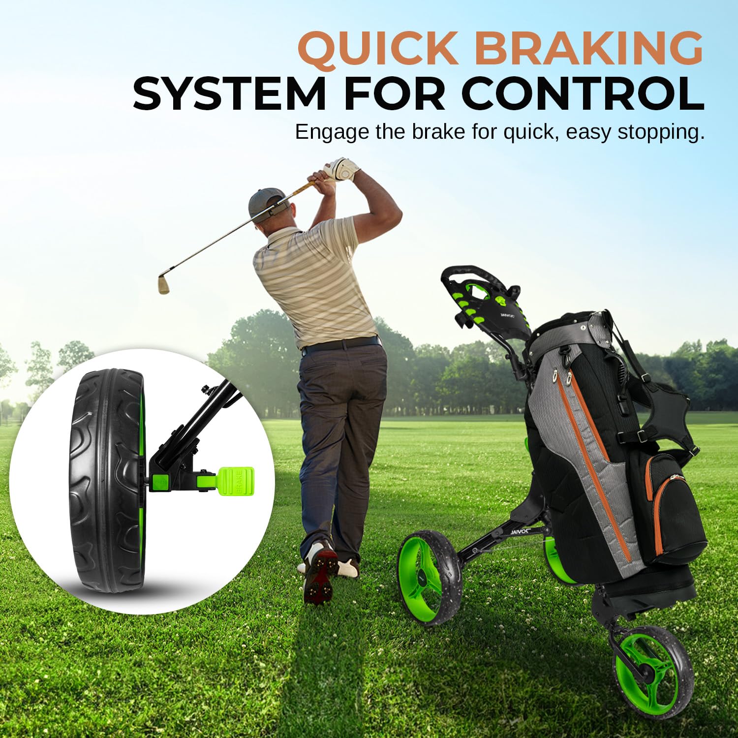 JOVIAL 3 Wheel Golf Push Cart - Lightweight Aluminum Frame Golf Caddy with Deluxe Scorecard Holder & Patented Bag Holder | Foldable, Collapsible & Adjustable Handle | Perfect for Golf Courses, Driving Ranges & Outdoor Practice