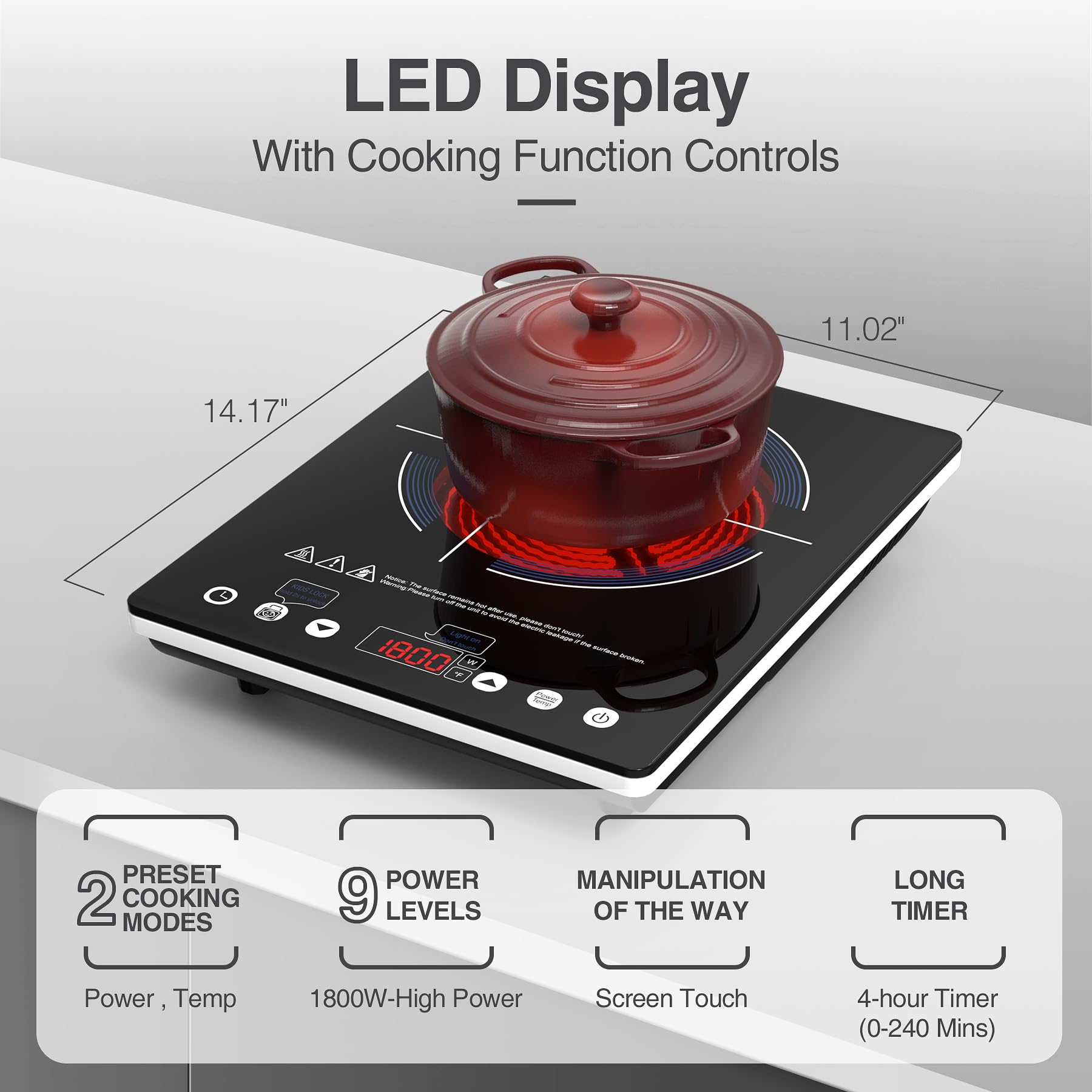 VBGK 1800W Portable Induction Cooktop - 110V Electric Stove Top with LED Touch Control, 9 Power Levels, Child Lock & Timer, Overheat Protection - Perfect for Dorms, Apartments, RVs & Small Kitchen Cooking
