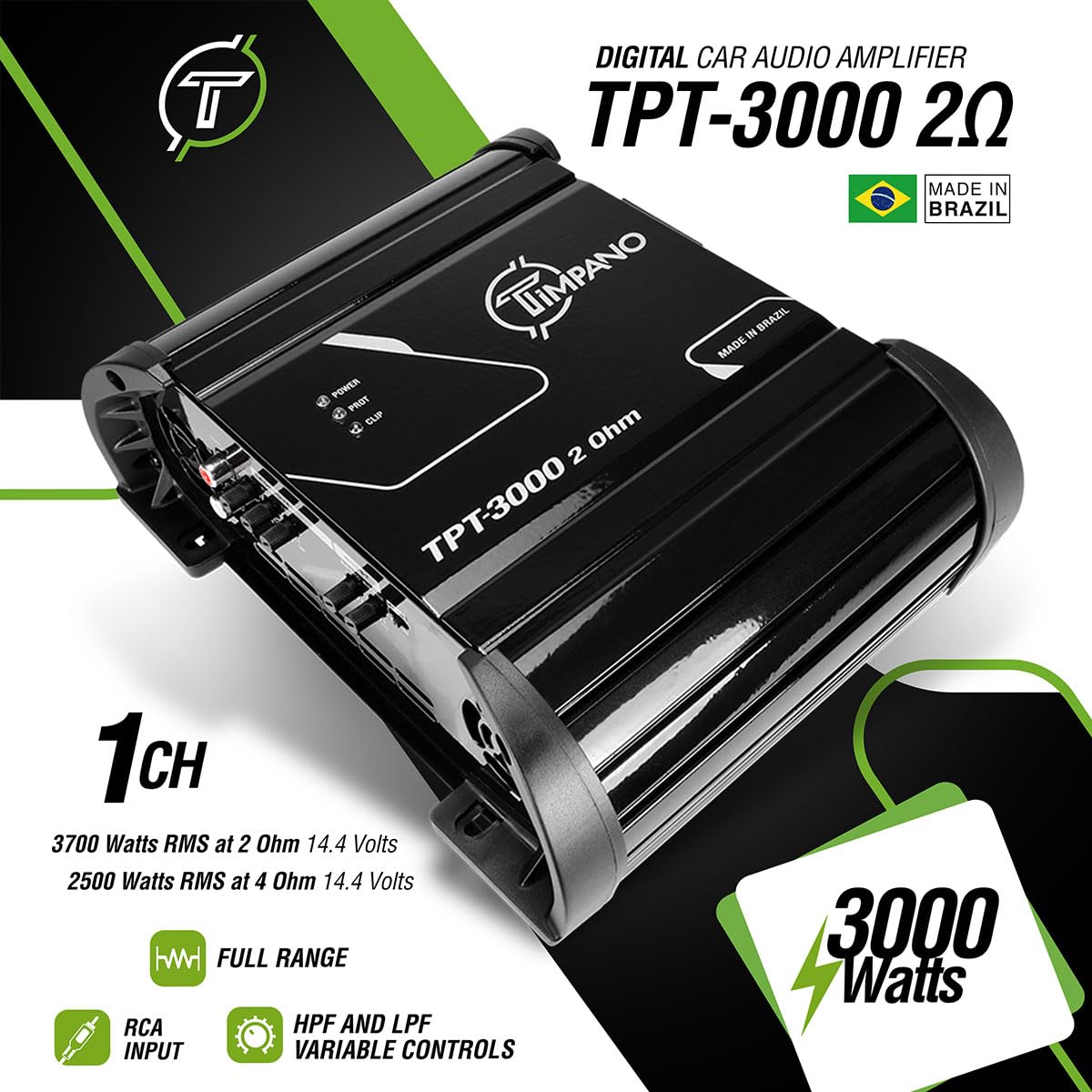 Timpano TPT-3000 3000W 2 Ohm Compact Mono Class D Amplifier for Car Audio Systems - Powering Speakers, Subwoofers & Tweeters - Perfect for Car Audio Upgrades, Bass Boost & Clear Sound Enhancement