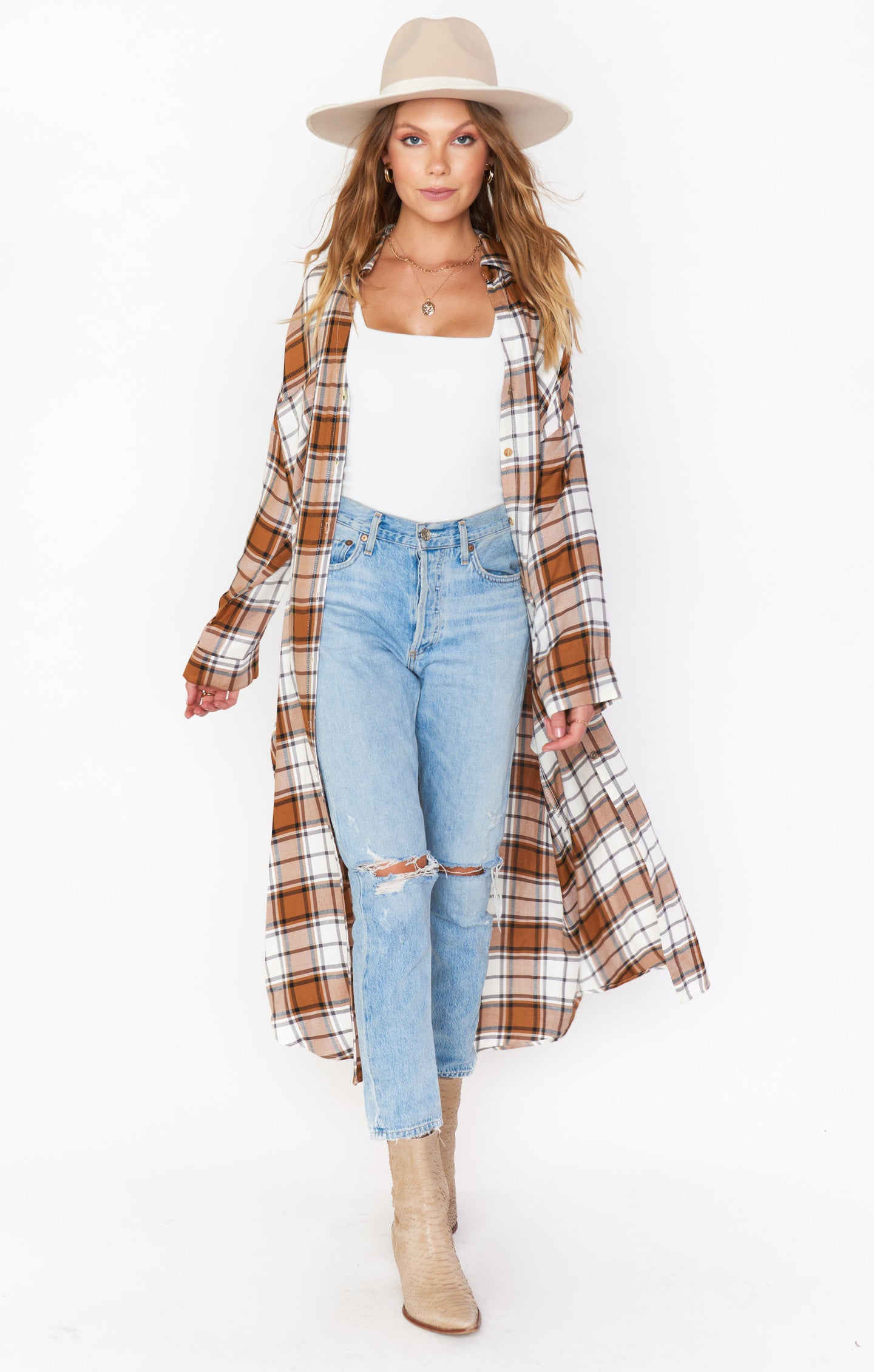 Leo Button Down Tunic Top - Tan Plaid Flannel Shirt for Women | Casual Office Wear & Fall Layering Outfit