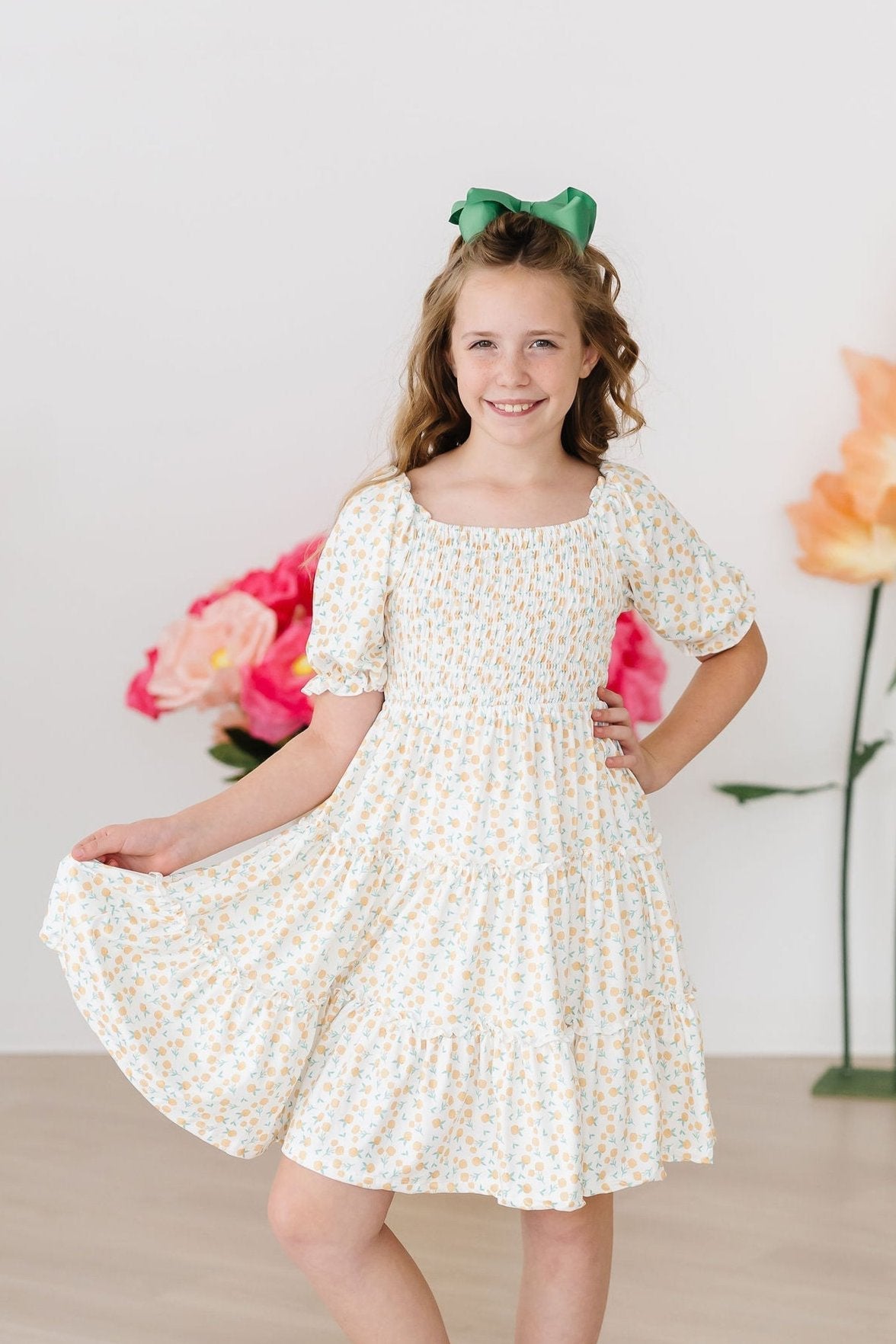 Marvelous Marigolds Smocked Ruffle Dress for Girls | Floral Print Summer Party Outfit | Perfect for Birthday, Easter & Special Occasions